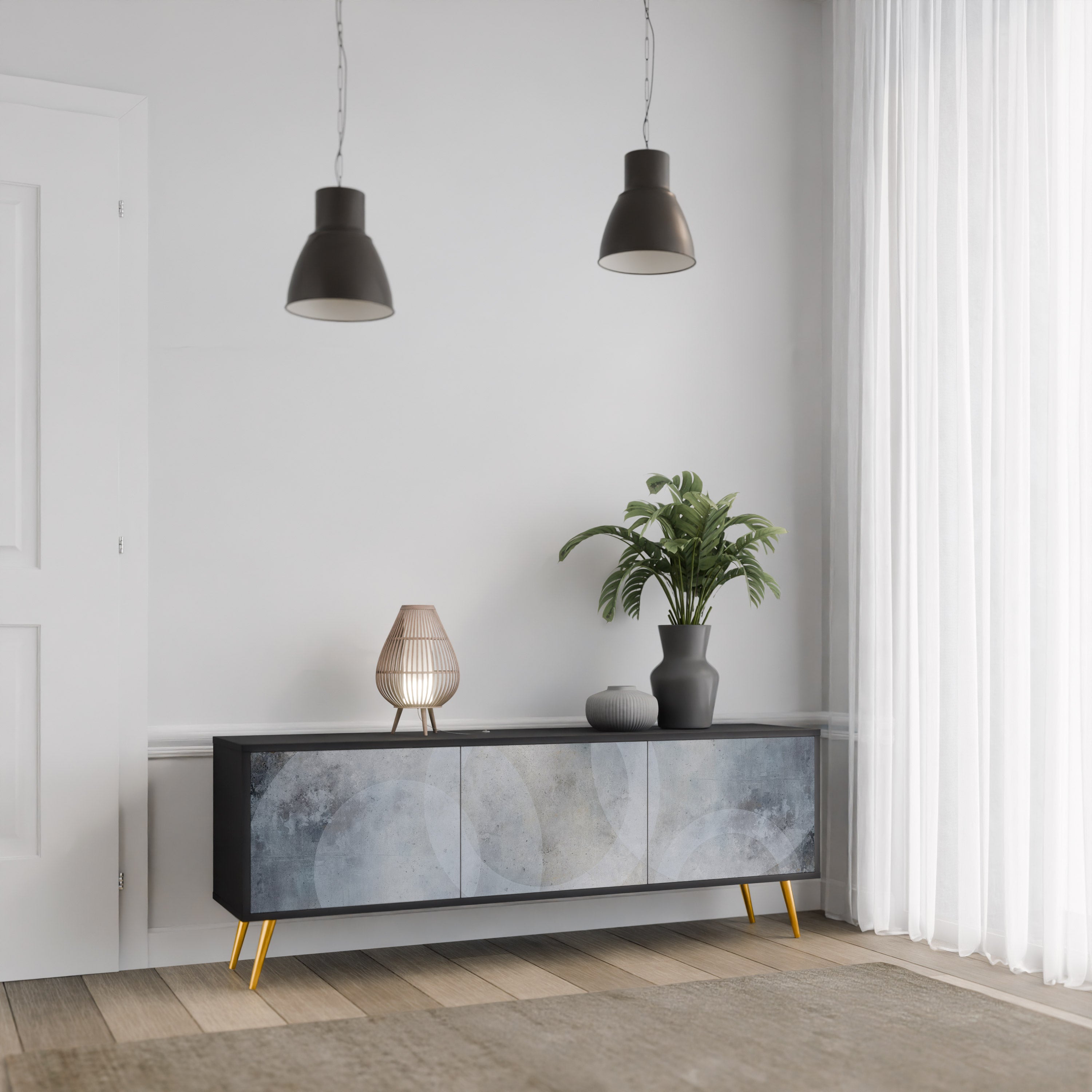 MUTED ARC Móvel de TV com 3 Portas em Acabamento Preto