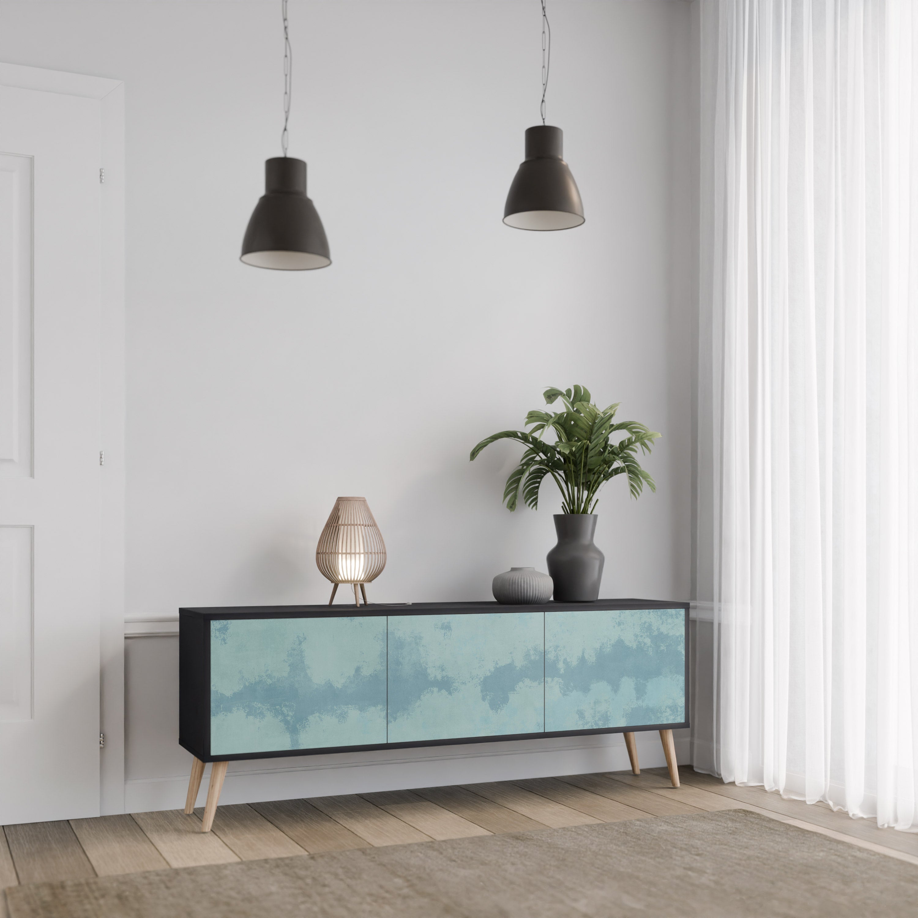 SKY WASH Móvel de TV com 3 Portas em Acabamento Preto