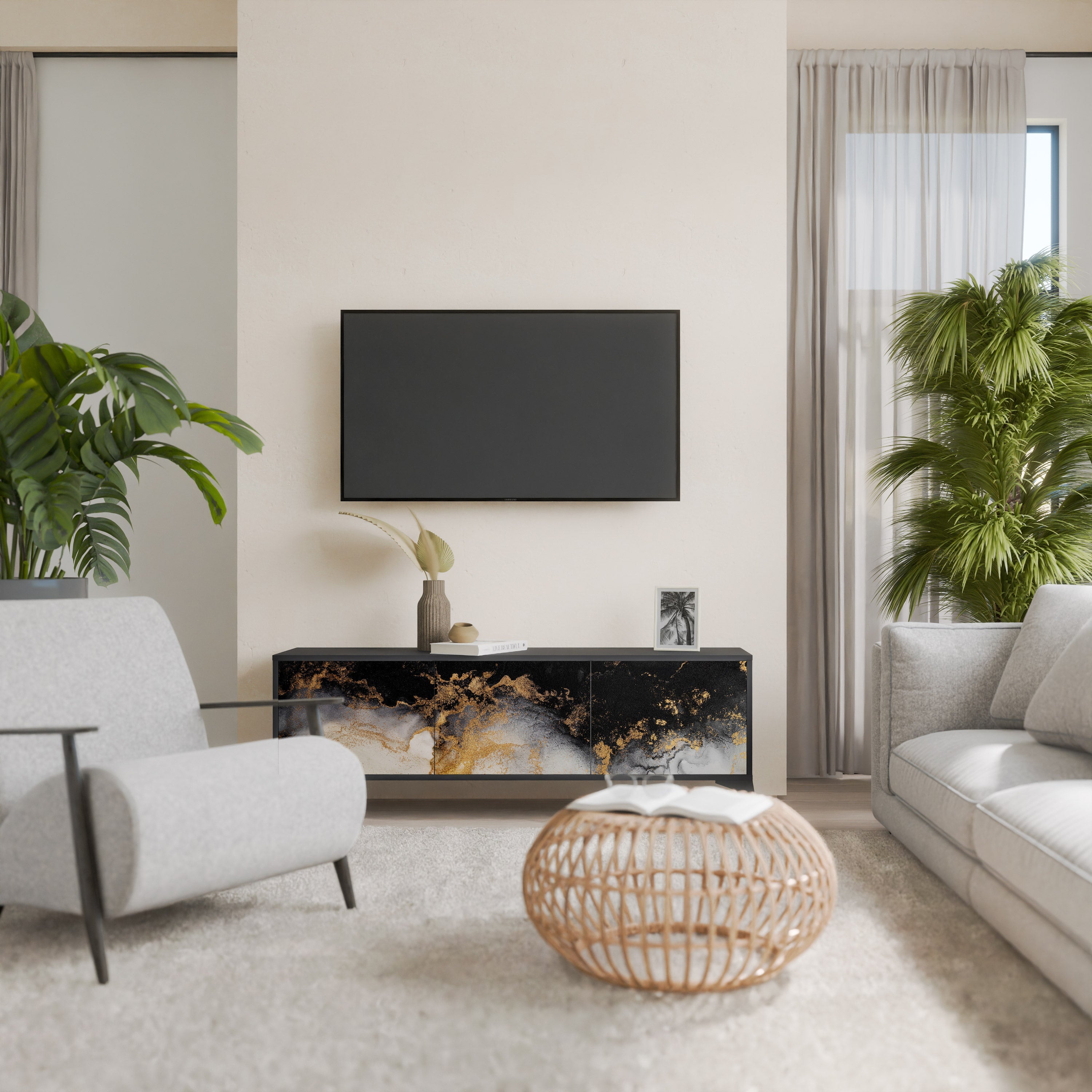 MARBLE OF TOMMORROW Móvel de TV com 3 Portas em Acabamento Preto