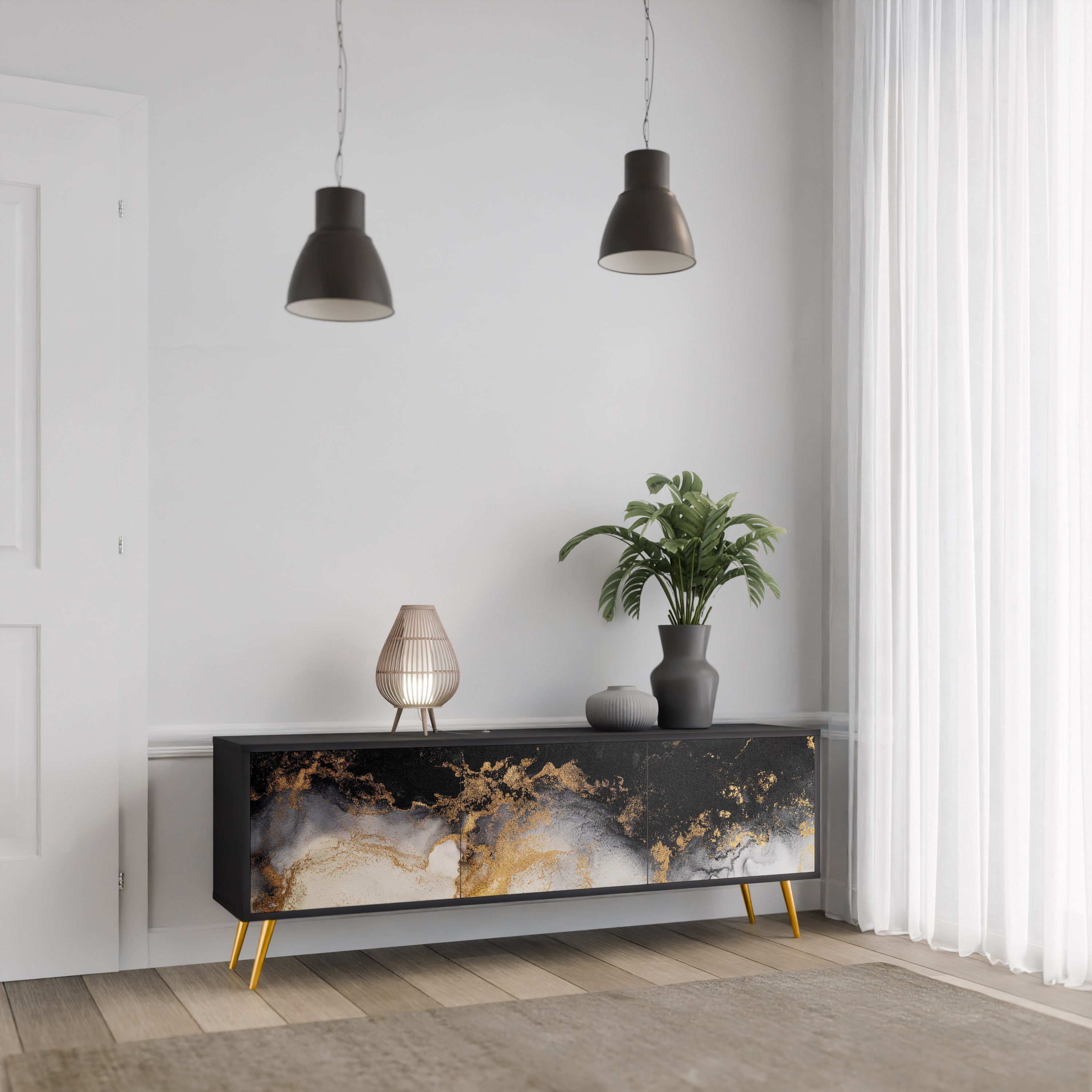 MARBLE OF TOMMORROW Móvel de TV com 3 Portas em Acabamento Preto