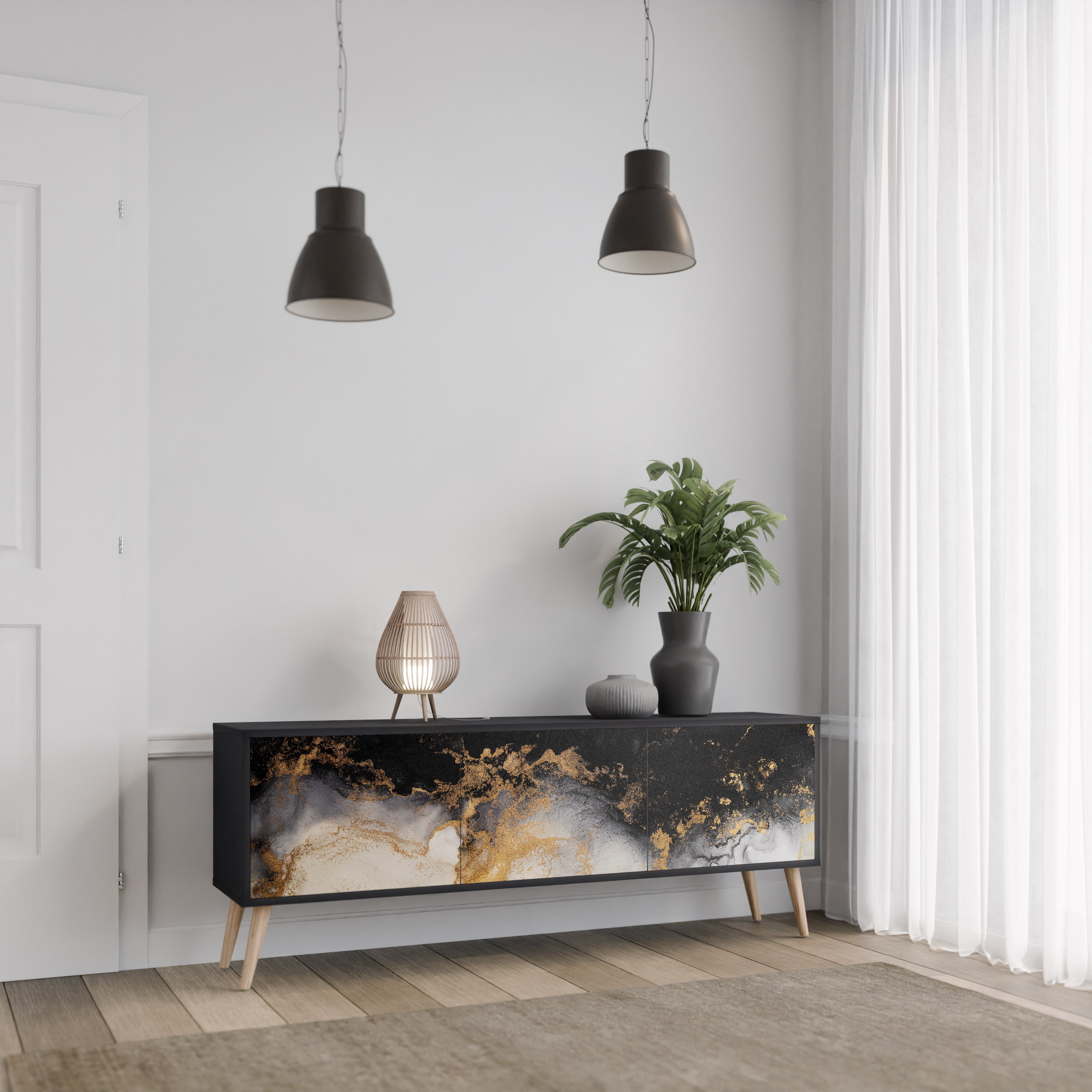 MARBLE OF TOMMORROW Móvel de TV com 3 Portas em Acabamento Preto