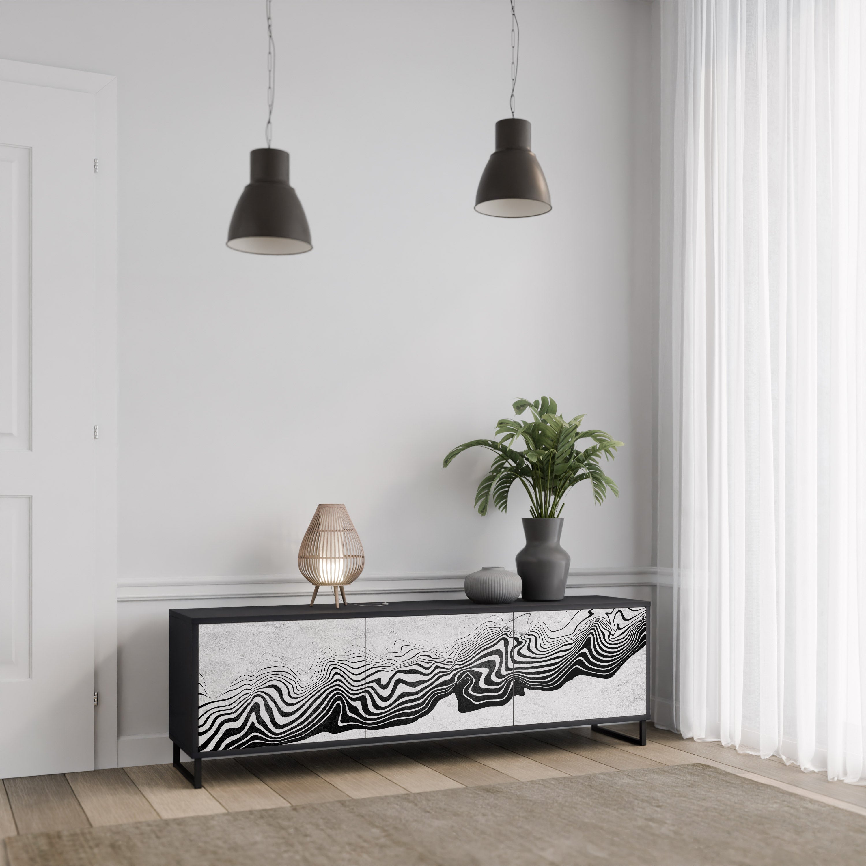 MONOCHROME MIRAGE 3-Door TV Stand in Black Finish