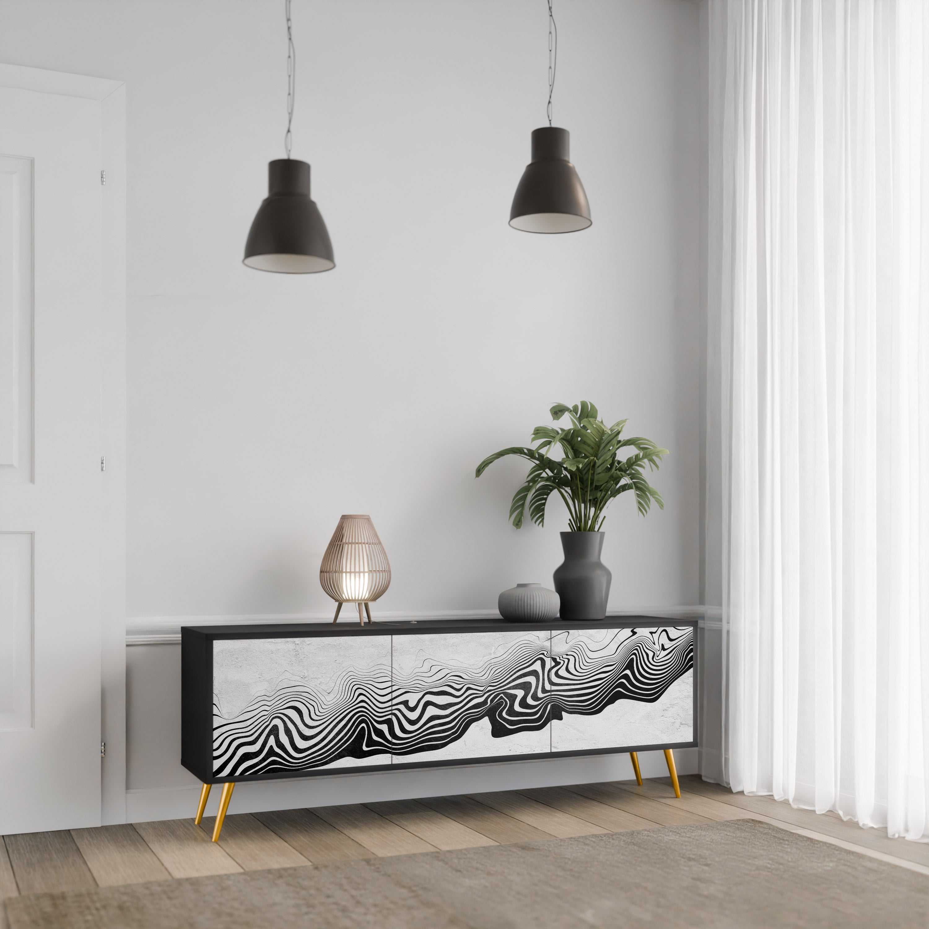 MONOCHROME MIRAGE 3-Door TV Stand in Black Finish