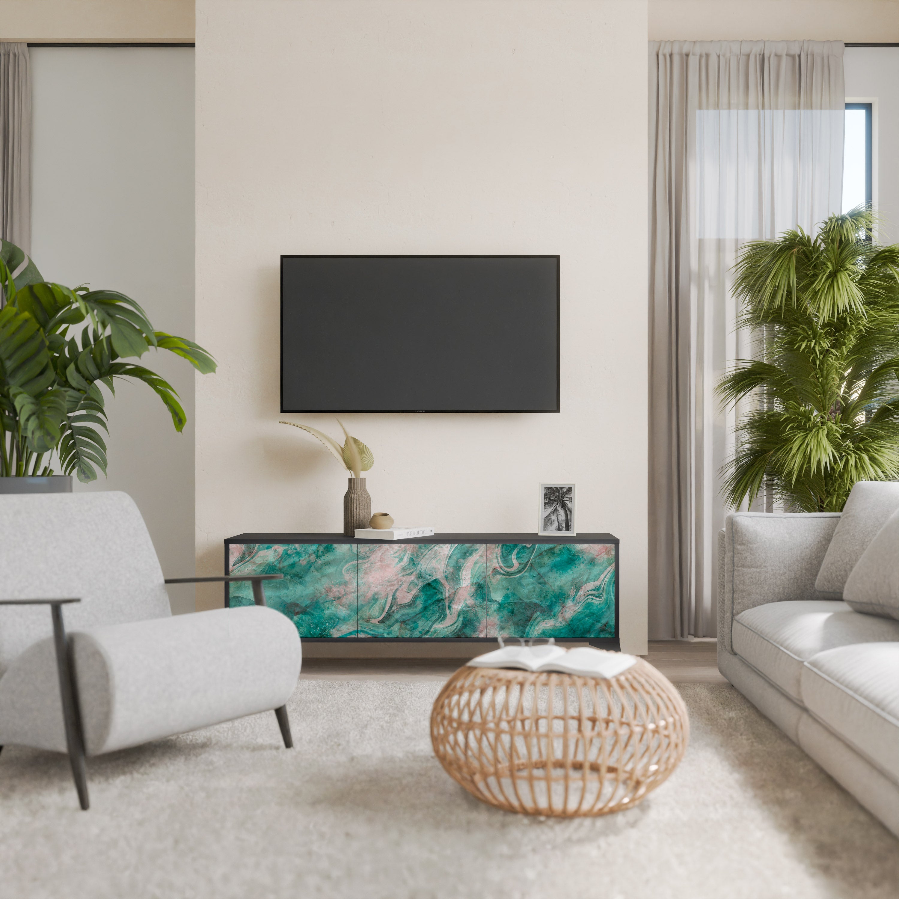 ABSTRACT ALCHEMY Móvel de TV com 3 Portas em Acabamento Preto