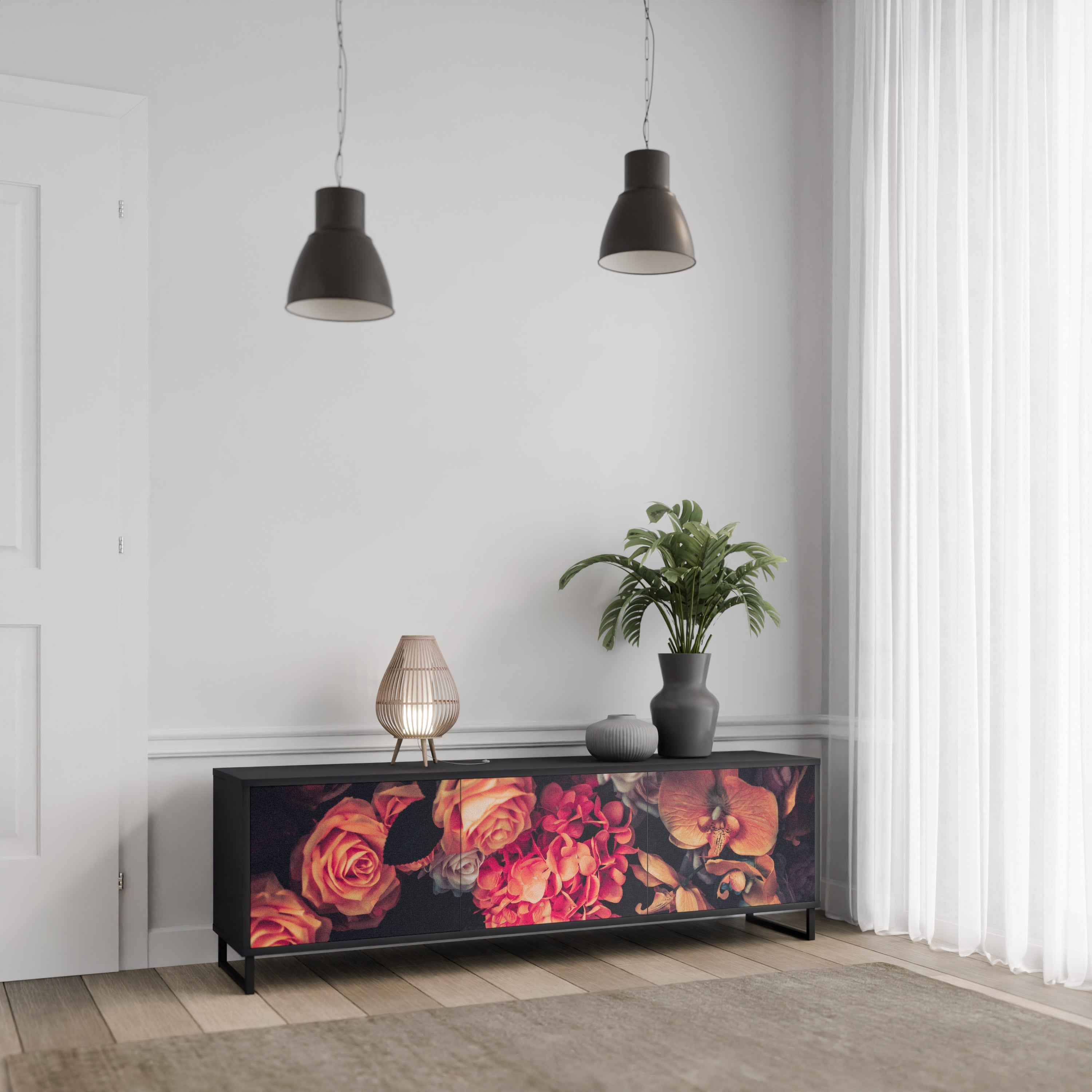 NEVERENDING BLOOM Móvel de TV com 3 Portas em Acabamento Preto