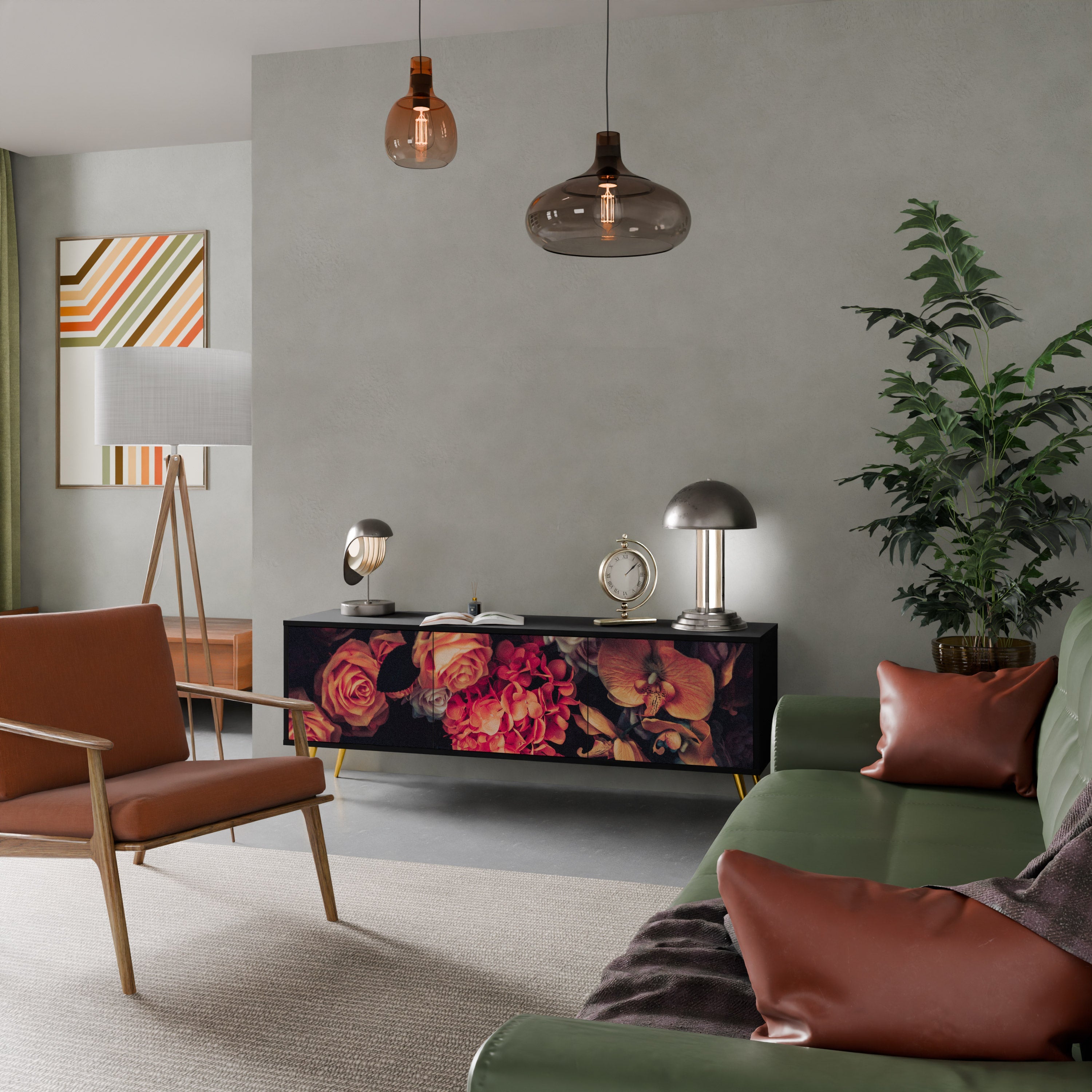 NEVERENDING BLOOM Móvel de TV com 3 Portas em Acabamento Preto