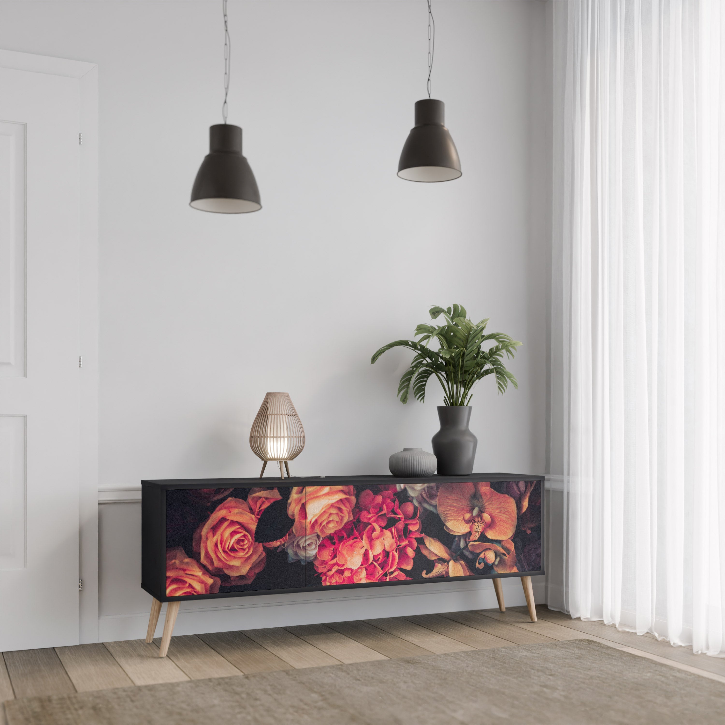 NEVERENDING BLOOM Móvel de TV com 3 Portas em Acabamento Preto