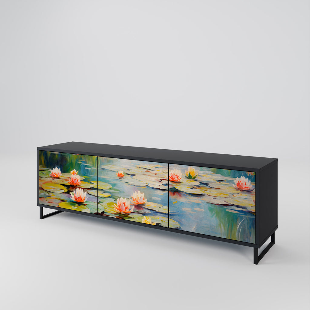 BLOOMING WATERS 3-Door TV Stand in Black Finish