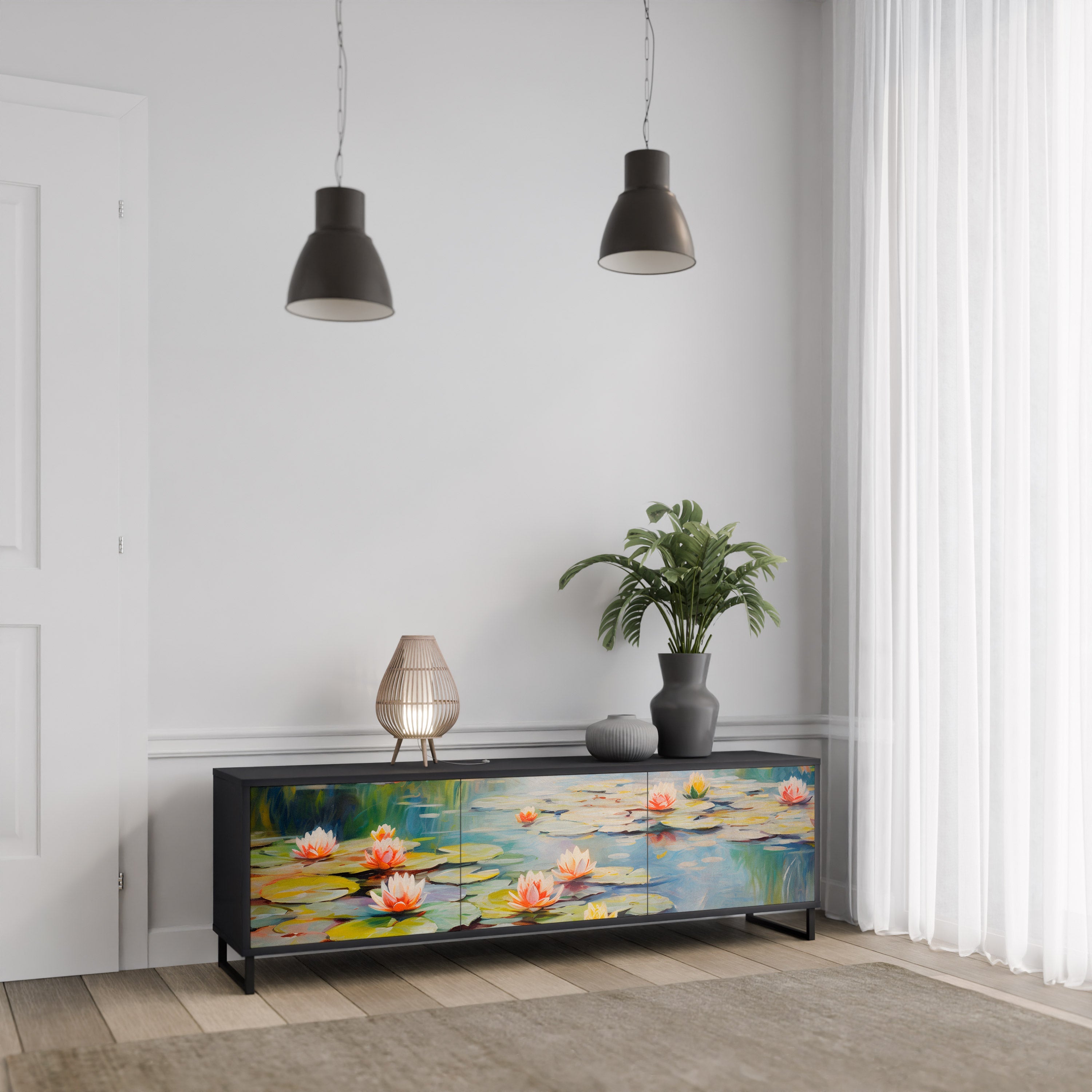 BLOOMING WATERS 3-Door TV Stand in Black Finish