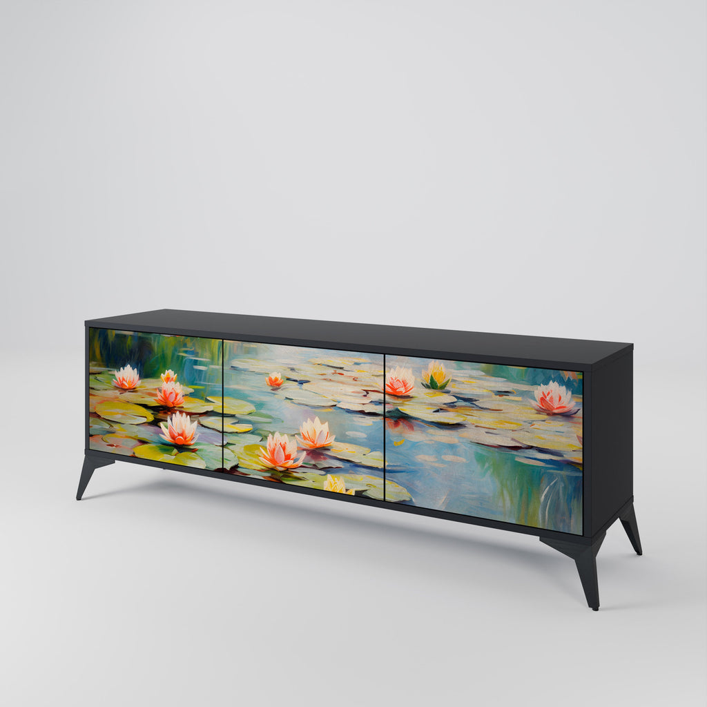 BLOOMING WATERS 3-Door TV Stand in Black Finish