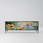 BLOOMING WATERS 3-Door TV Stand in Black Finish