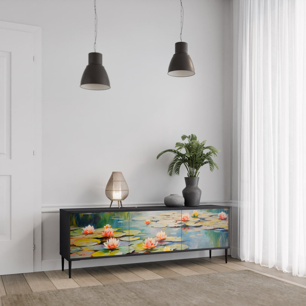 BLOOMING WATERS 3-Door TV Stand in Black Finish