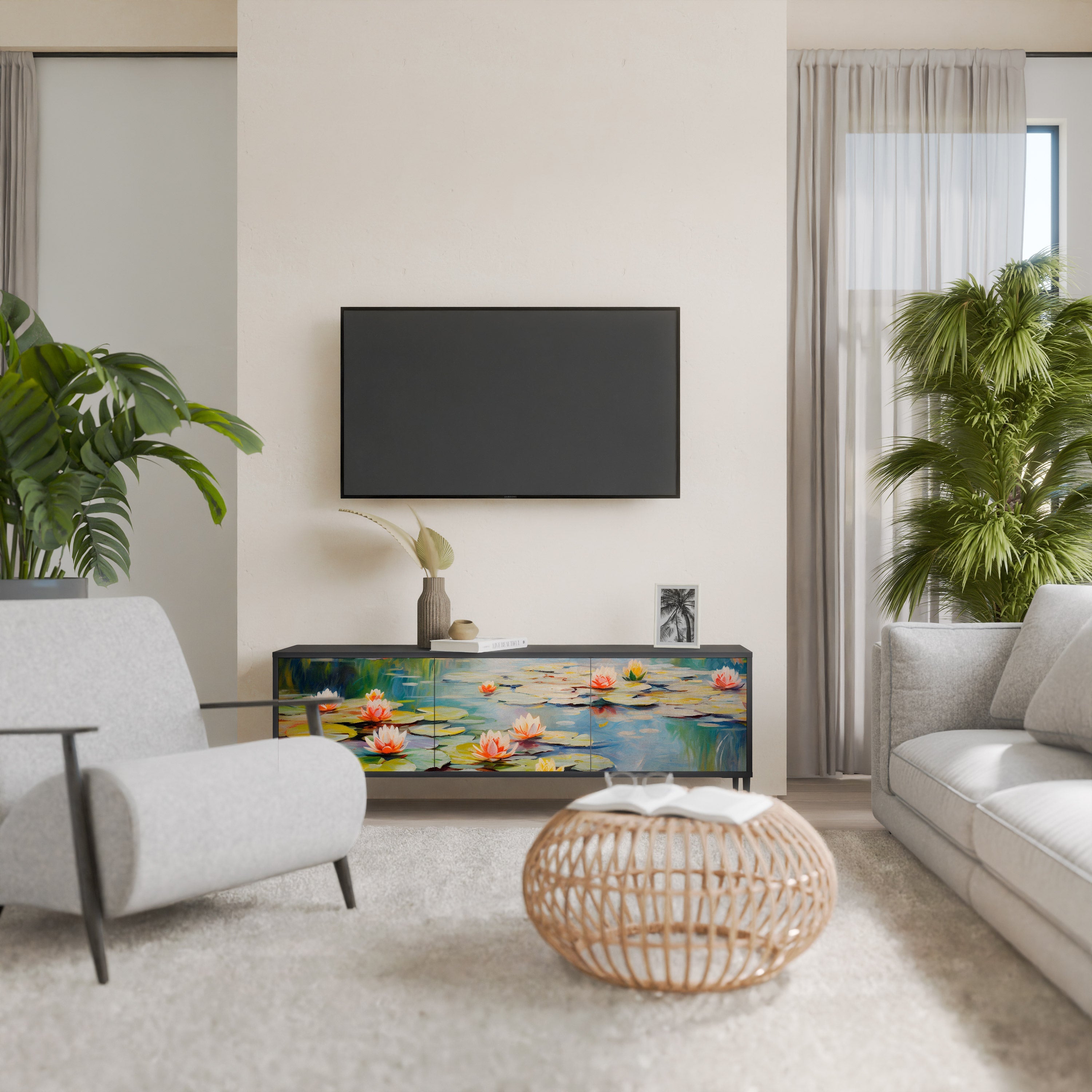 BLOOMING WATERS Móvel de TV com 3 Portas em Acabamento Preto