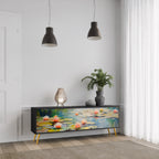 BLOOMING WATERS 3-Door TV Stand in Black Finish