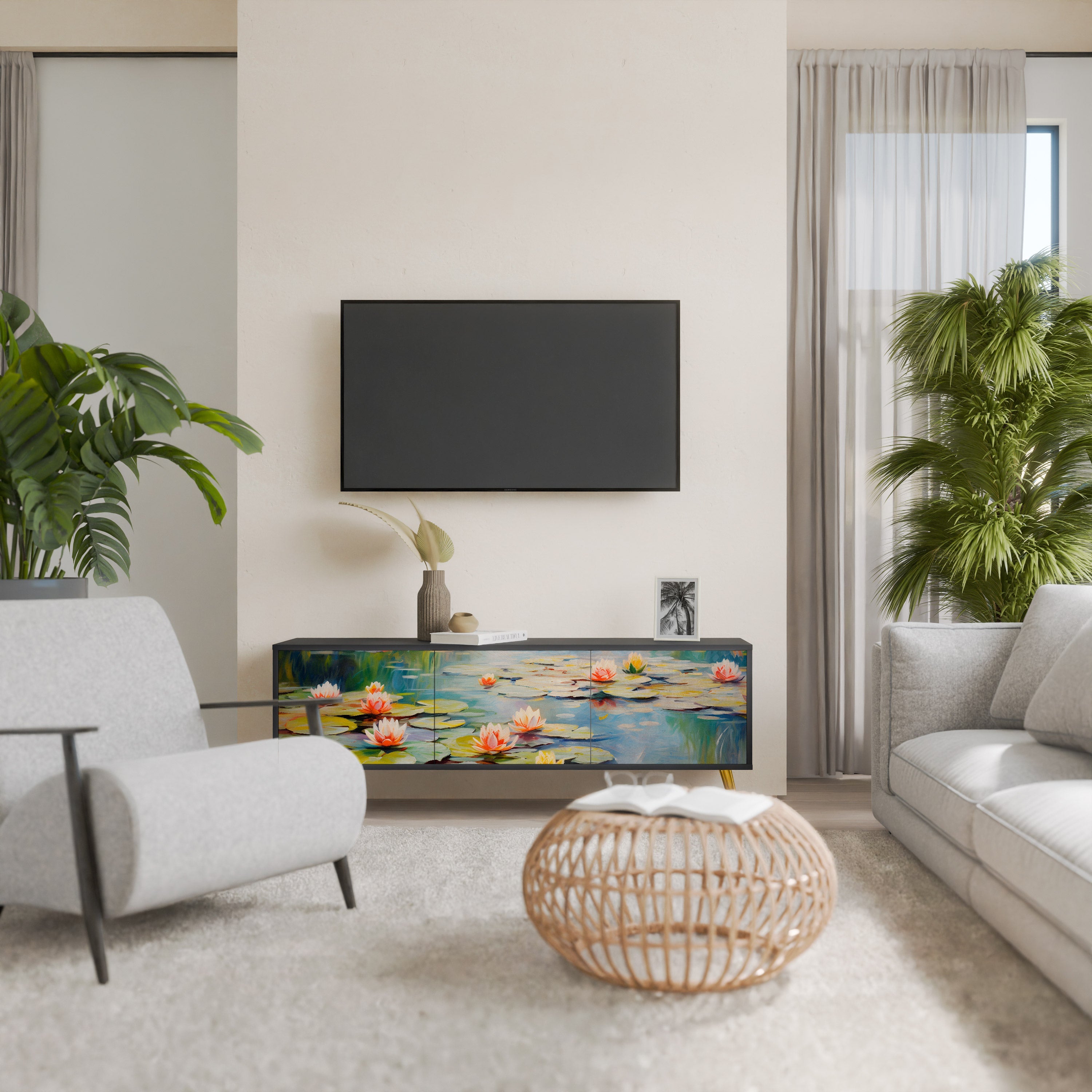 BLOOMING WATERS 3-Door TV Stand in Black Finish