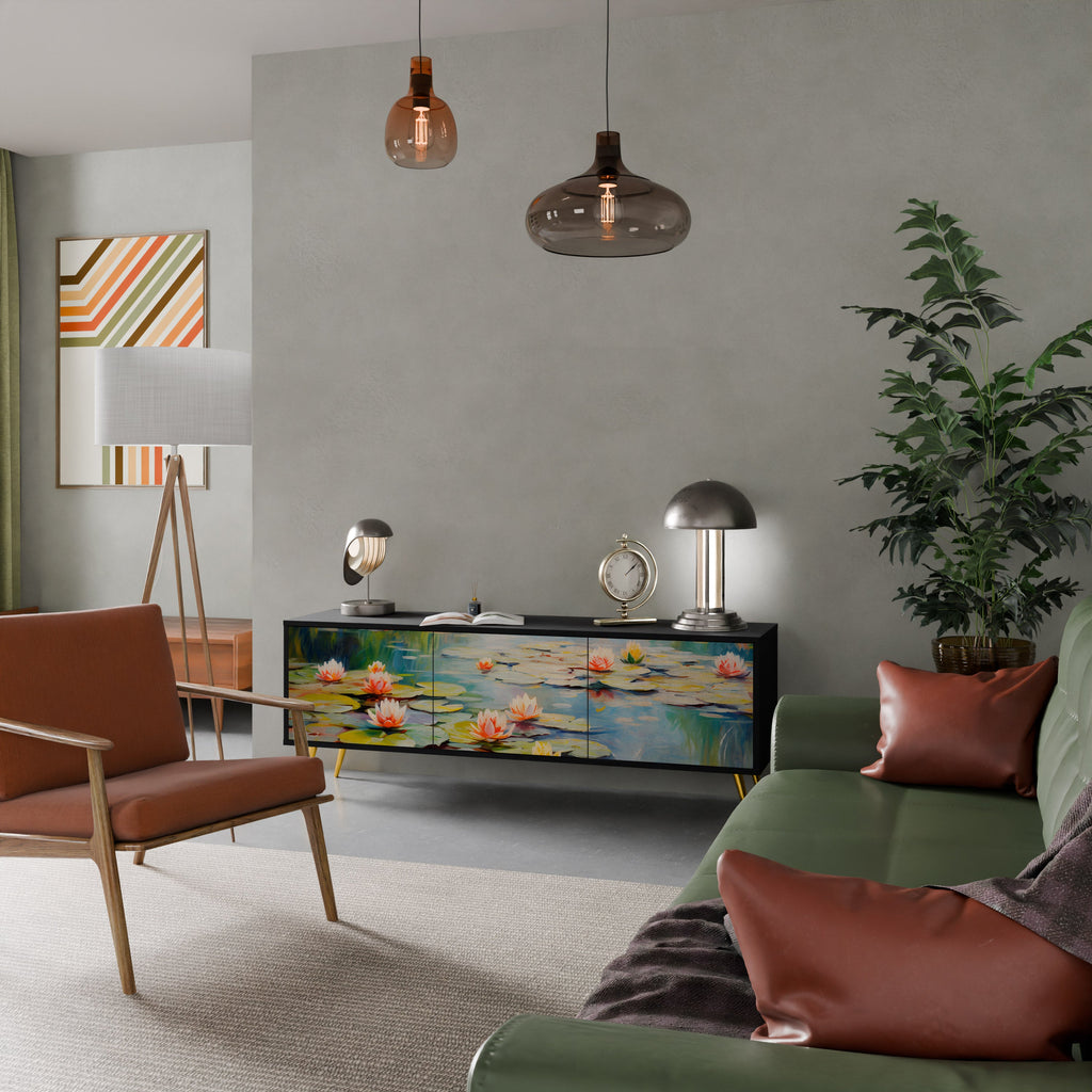 BLOOMING WATERS 3-Door TV Stand in Black Finish