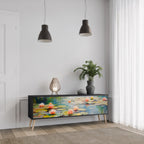 BLOOMING WATERS 3-Door TV Stand in Black Finish