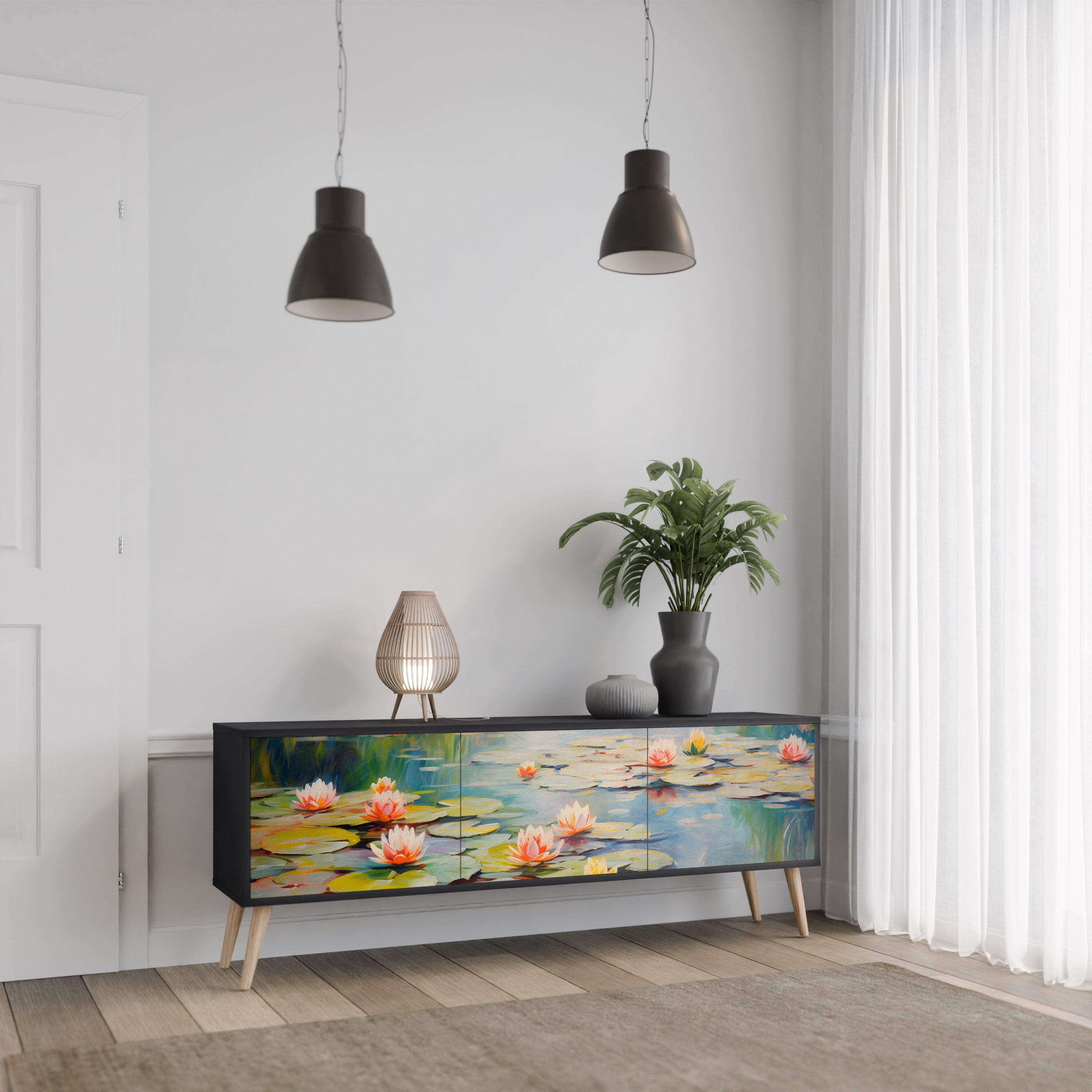 BLOOMING WATERS 3-Door TV Stand in Black Finish