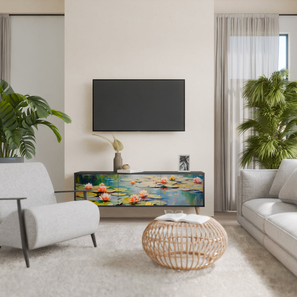 BLOOMING WATERS 3-Door TV Stand in Black Finish