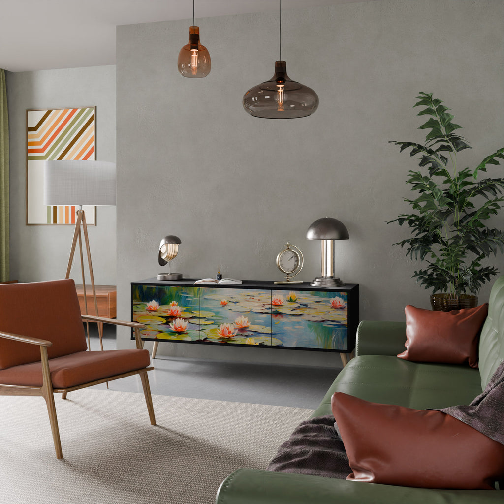 BLOOMING WATERS 3-Door TV Stand in Black Finish