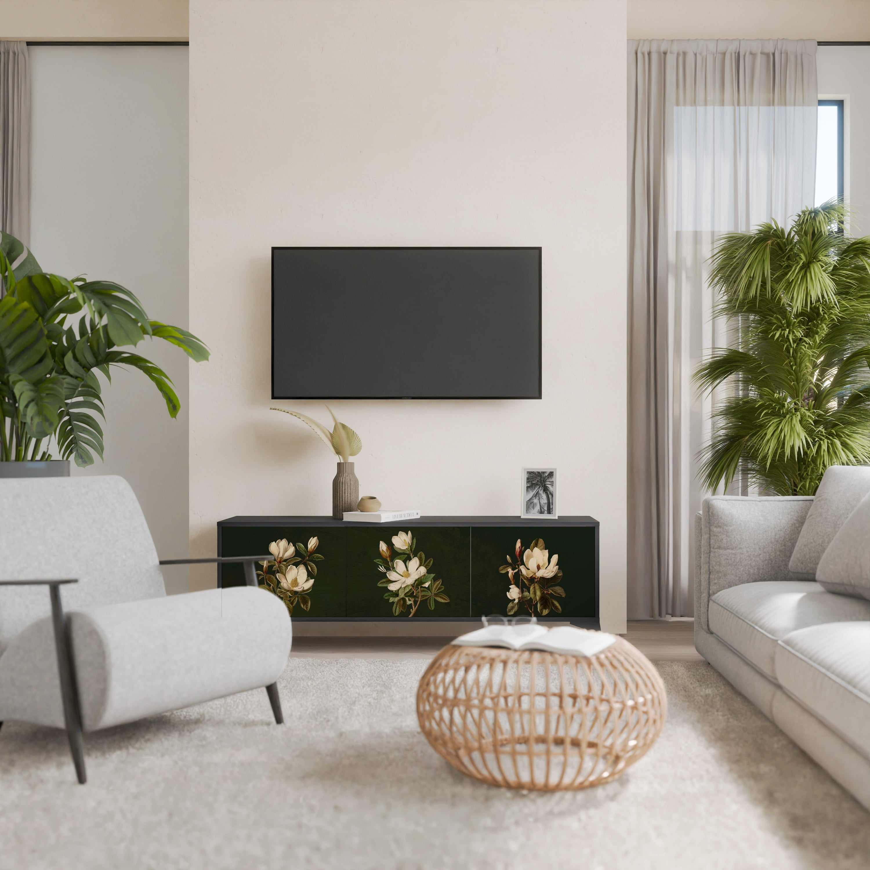 FLORAL NOIR 3-Door TV Stand in Black Finish