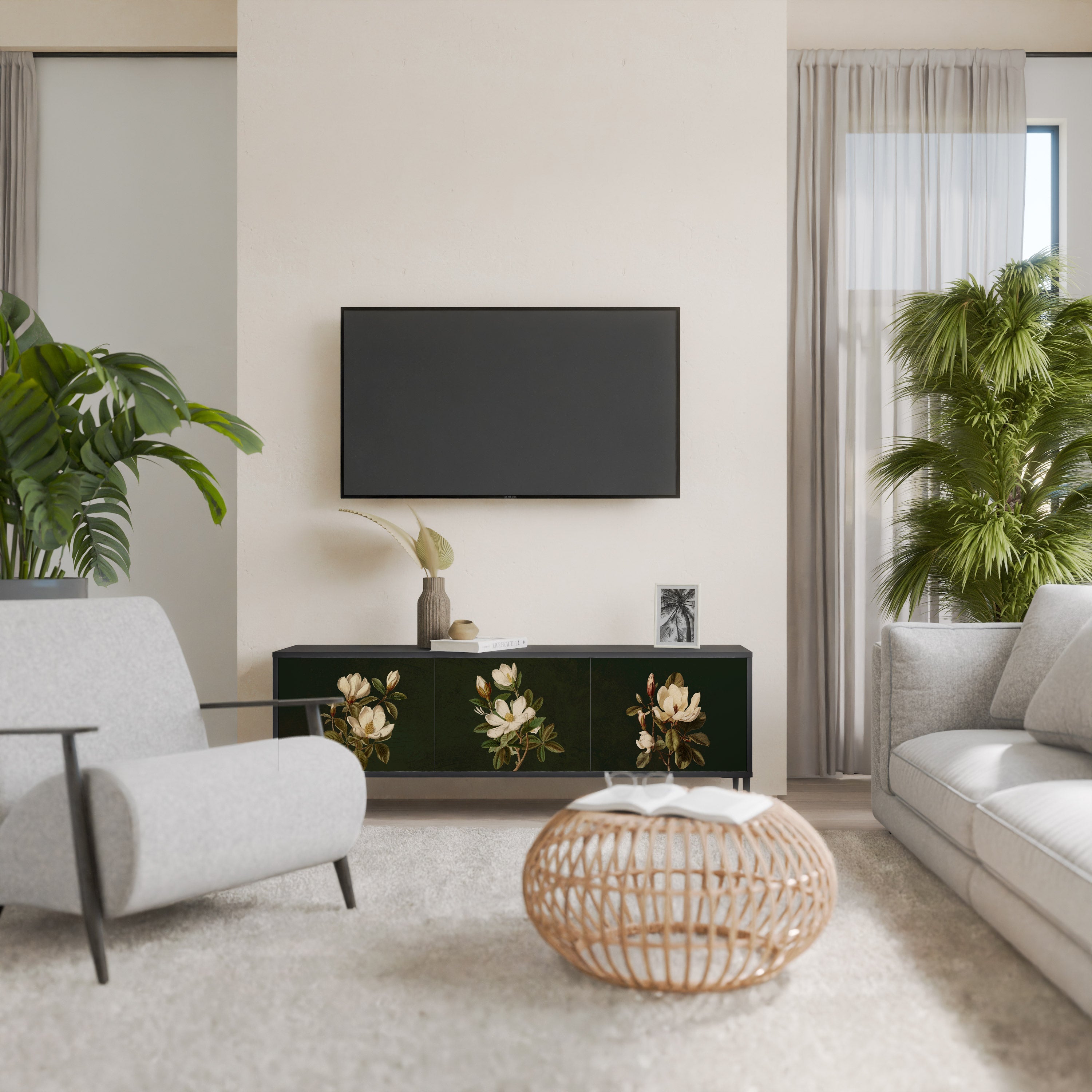 FLORAL NOIR Móvel de TV com 3 Portas em Acabamento Preto