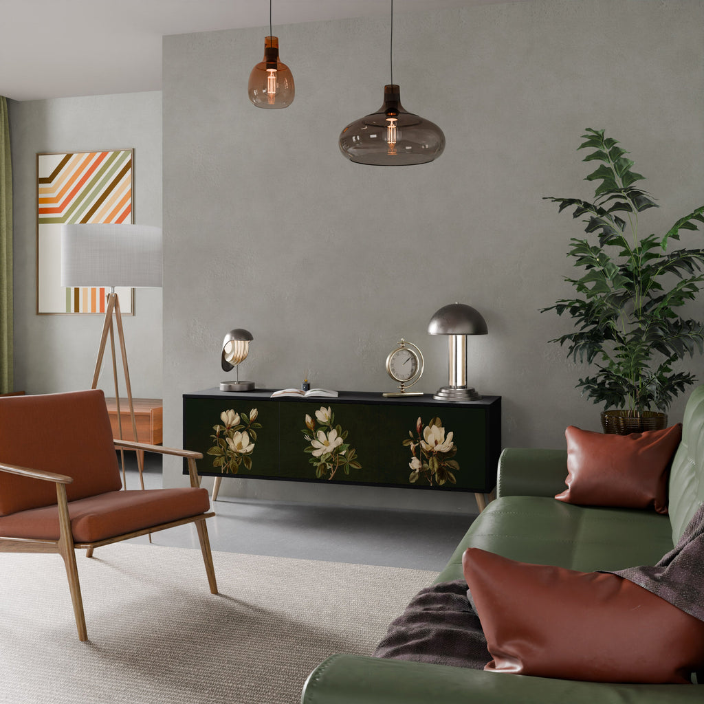 FLORAL NOIR 3-Door TV Stand in Black Finish