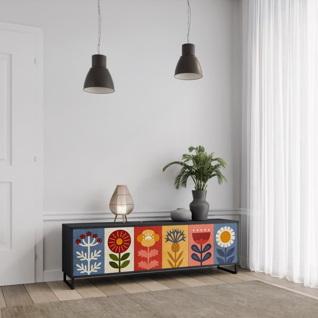 SCANDIC FLOWERET Móvel de TV com 3 Portas em Acabamento Preto