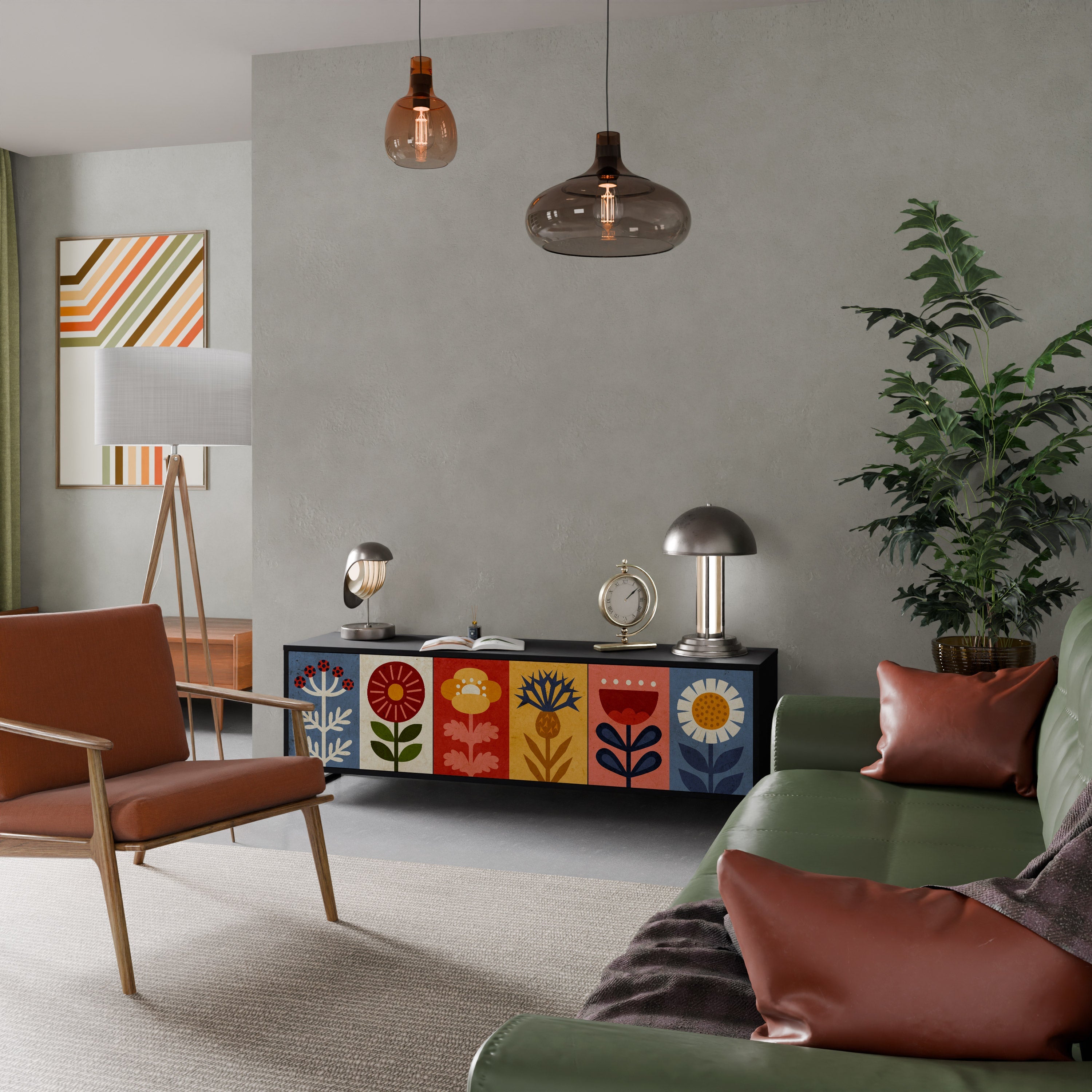 SCANDIC FLOWERET Móvel de TV com 3 Portas em Acabamento Preto