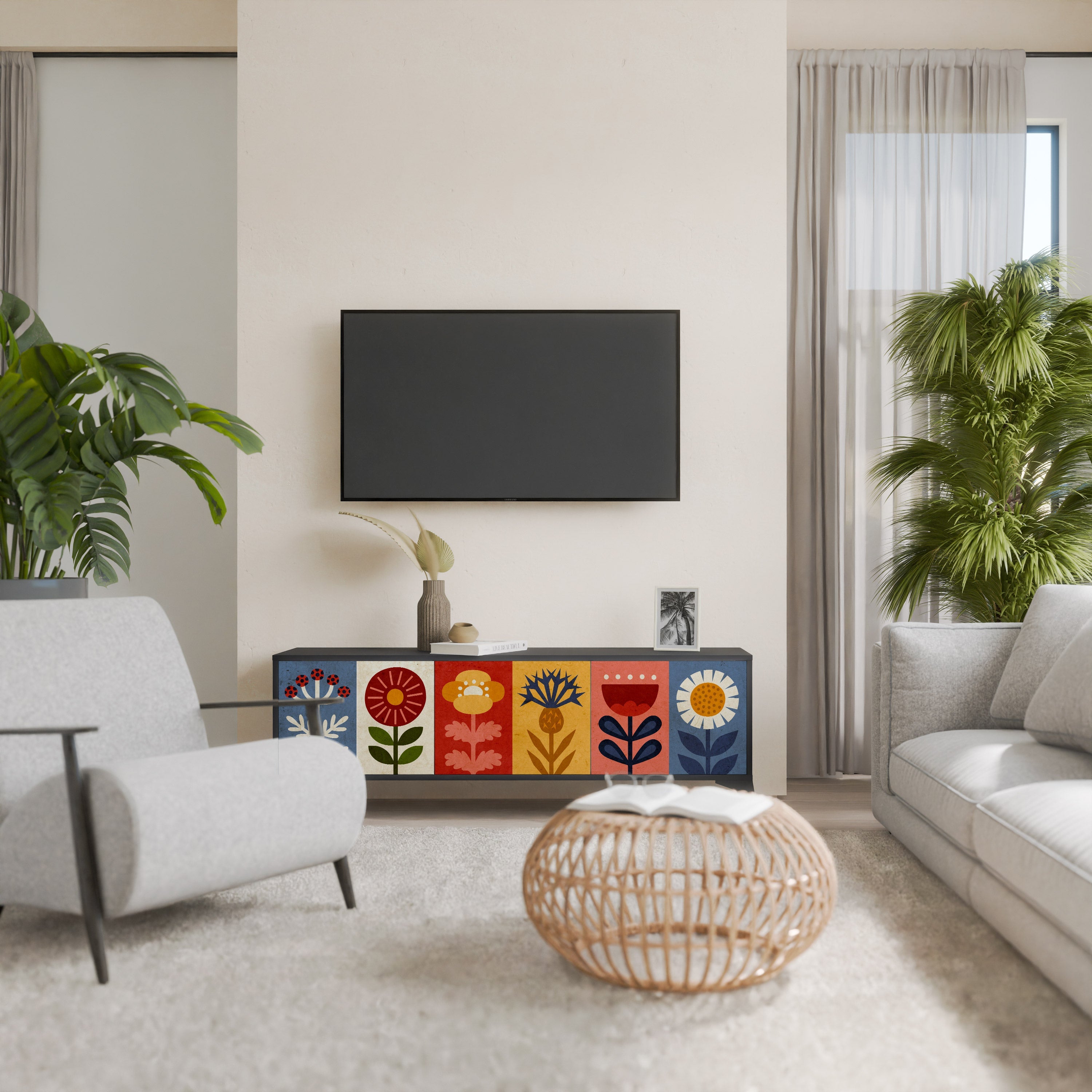 SCANDIC FLOWERET Móvel de TV com 3 Portas em Acabamento Preto