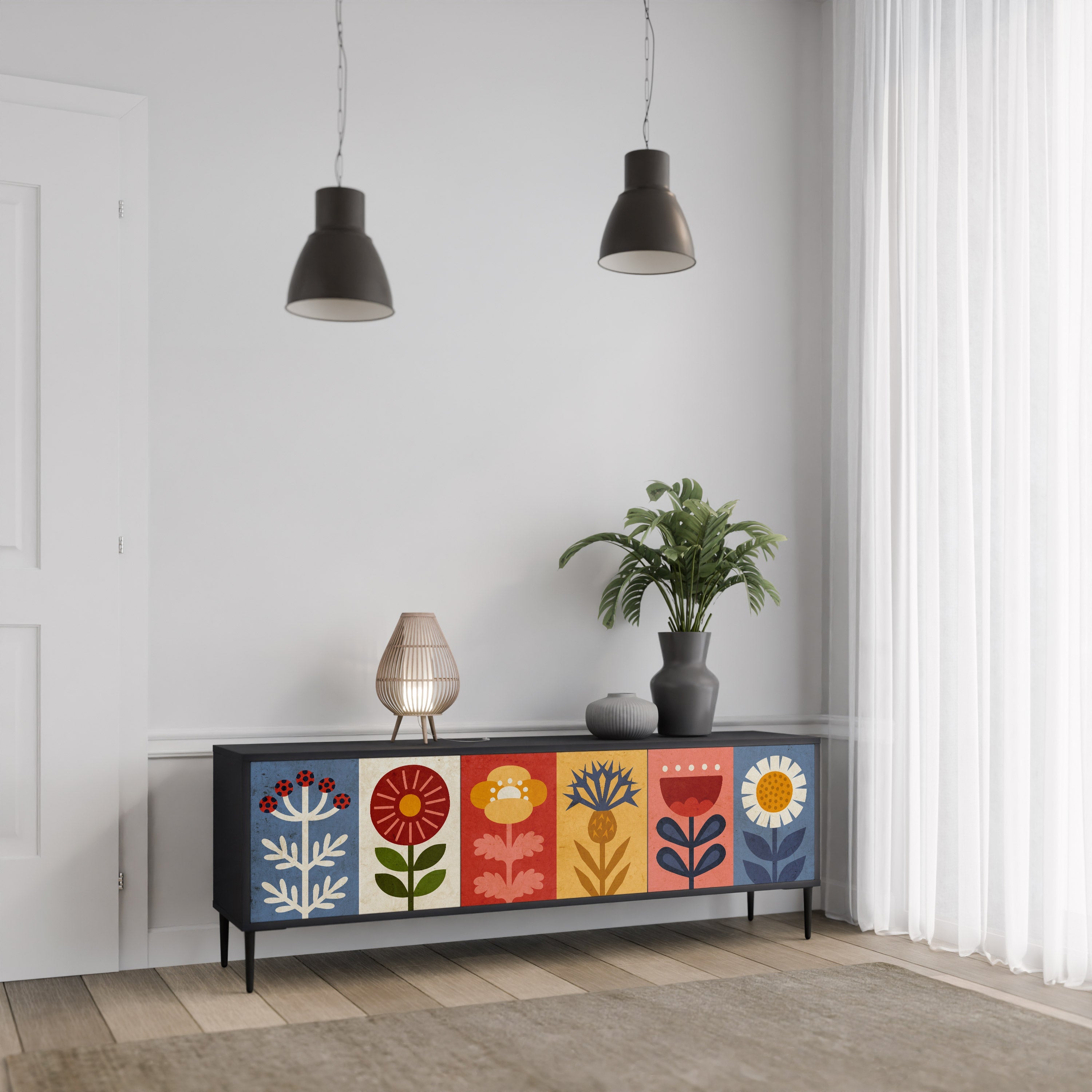 SCANDIC FLOWERET Móvel de TV com 3 Portas em Acabamento Preto