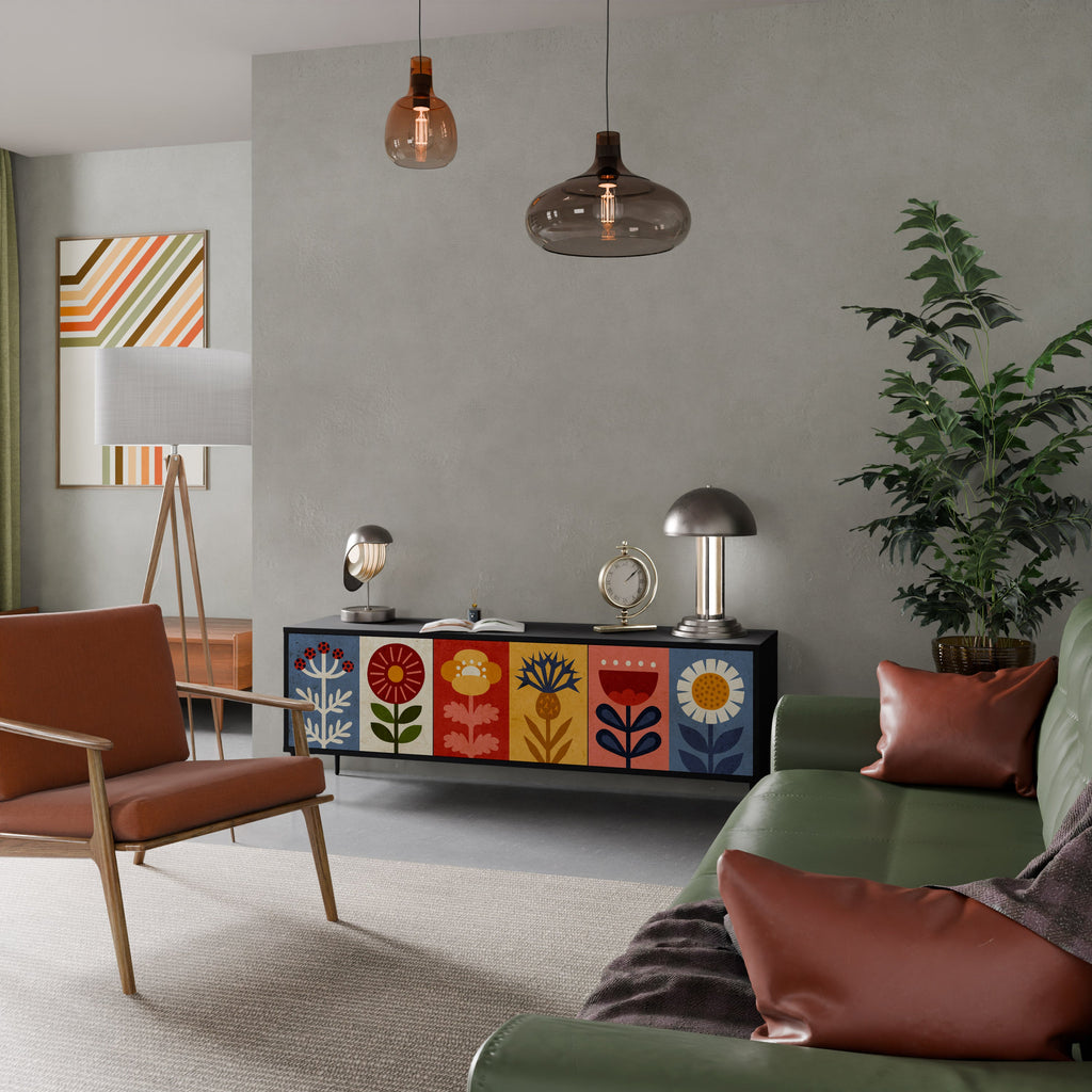 SCANDIC FLOWERET Móvel de TV com 3 Portas em Acabamento Preto