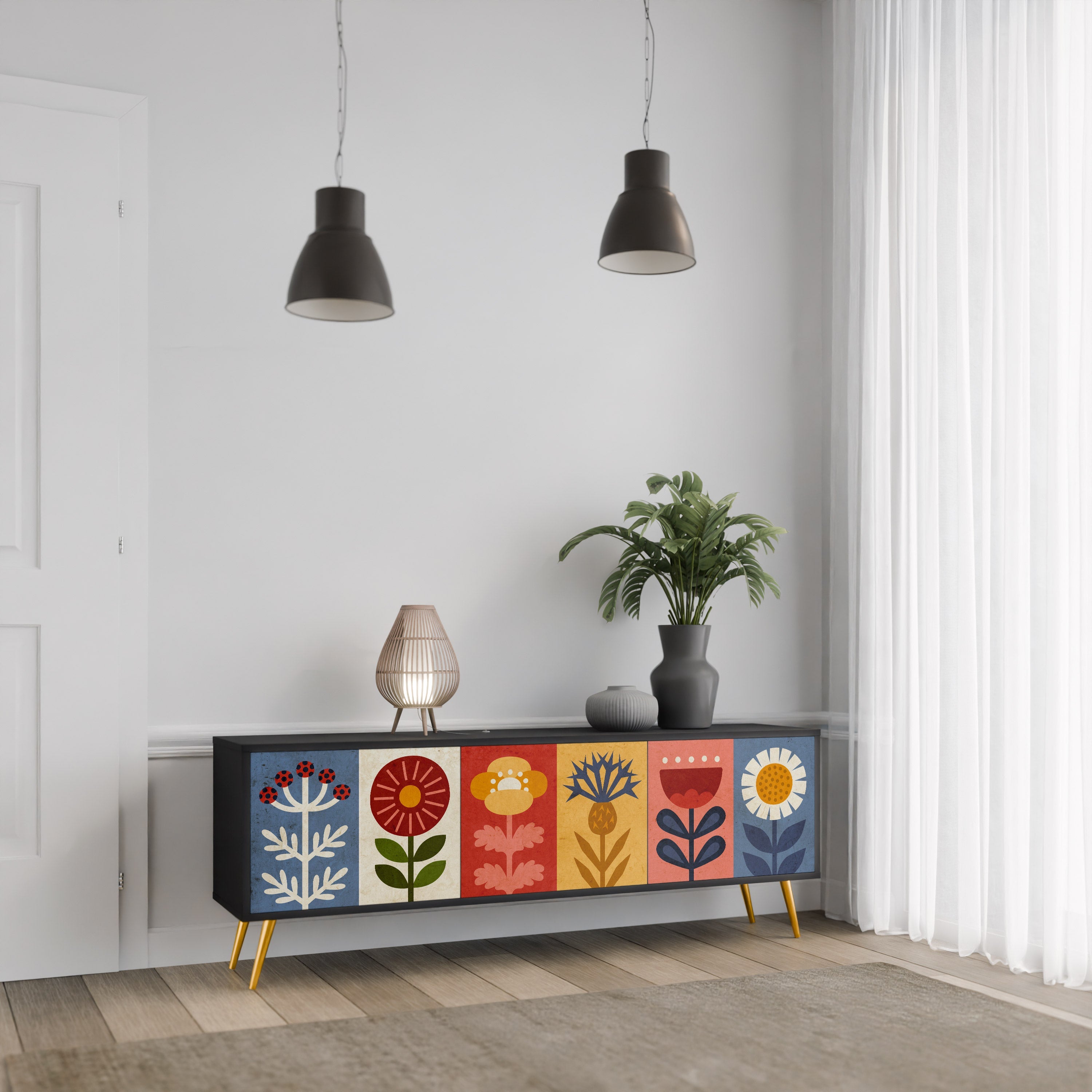 SCANDIC FLOWERET Móvel de TV com 3 Portas em Acabamento Preto