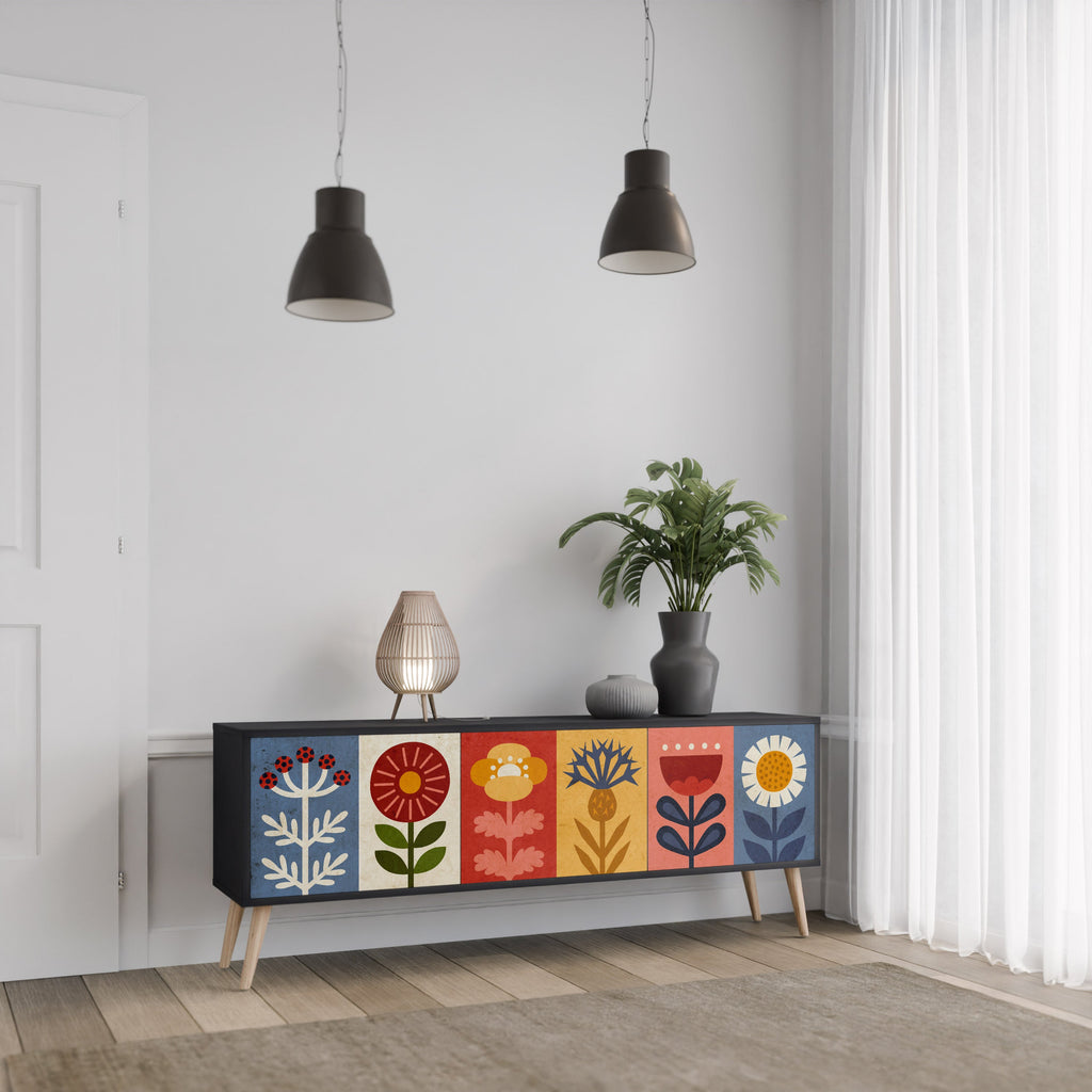 SCANDIC FLOWERET Móvel de TV com 3 Portas em Acabamento Preto