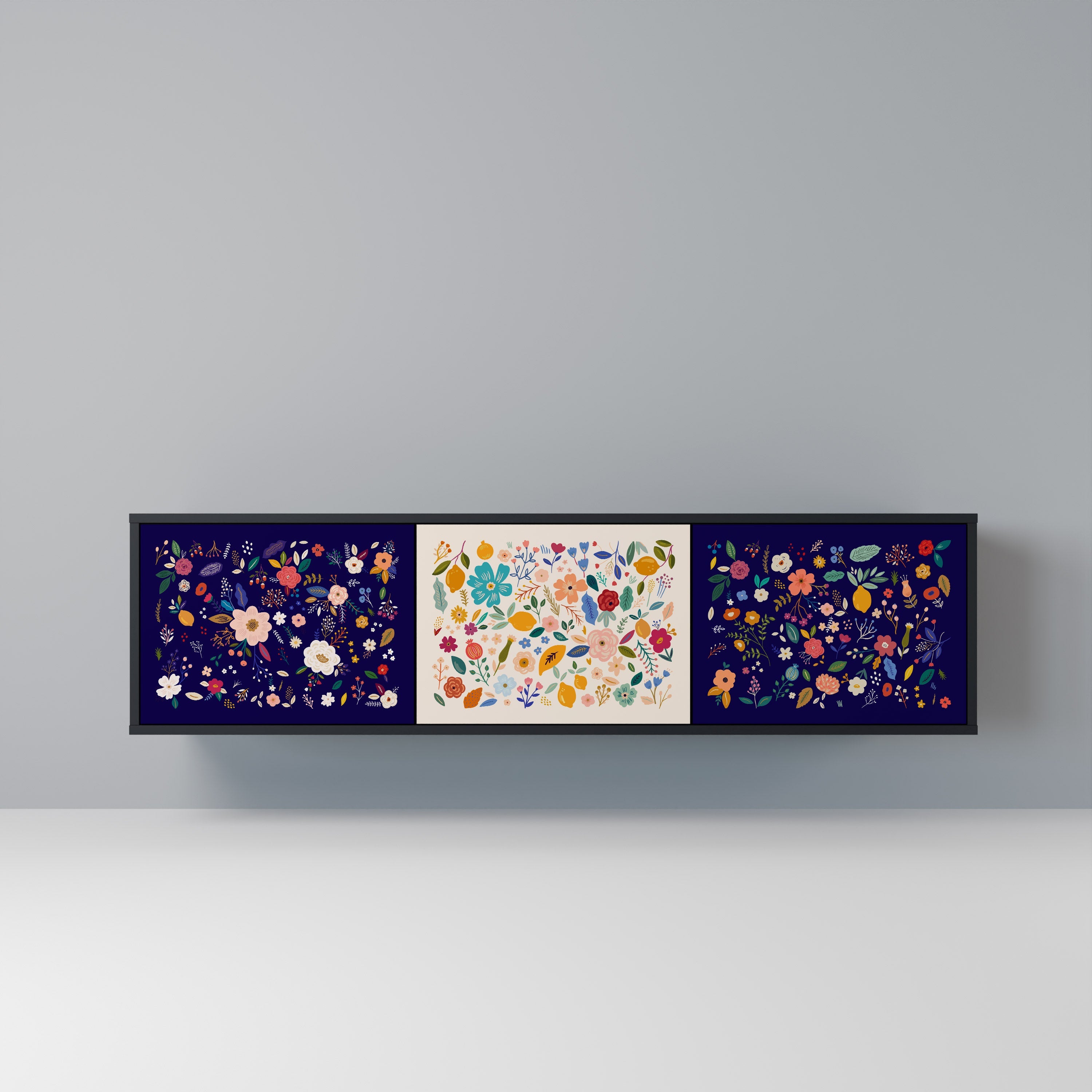 FLORAL COMBINATION 3-Door TV Stand in Black Finish