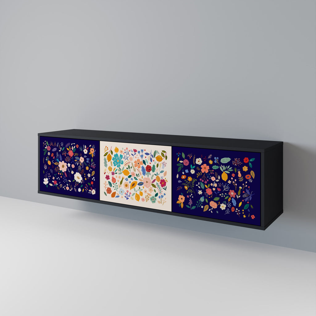 FLORAL COMBINATION 3-Door TV Stand in Black Finish