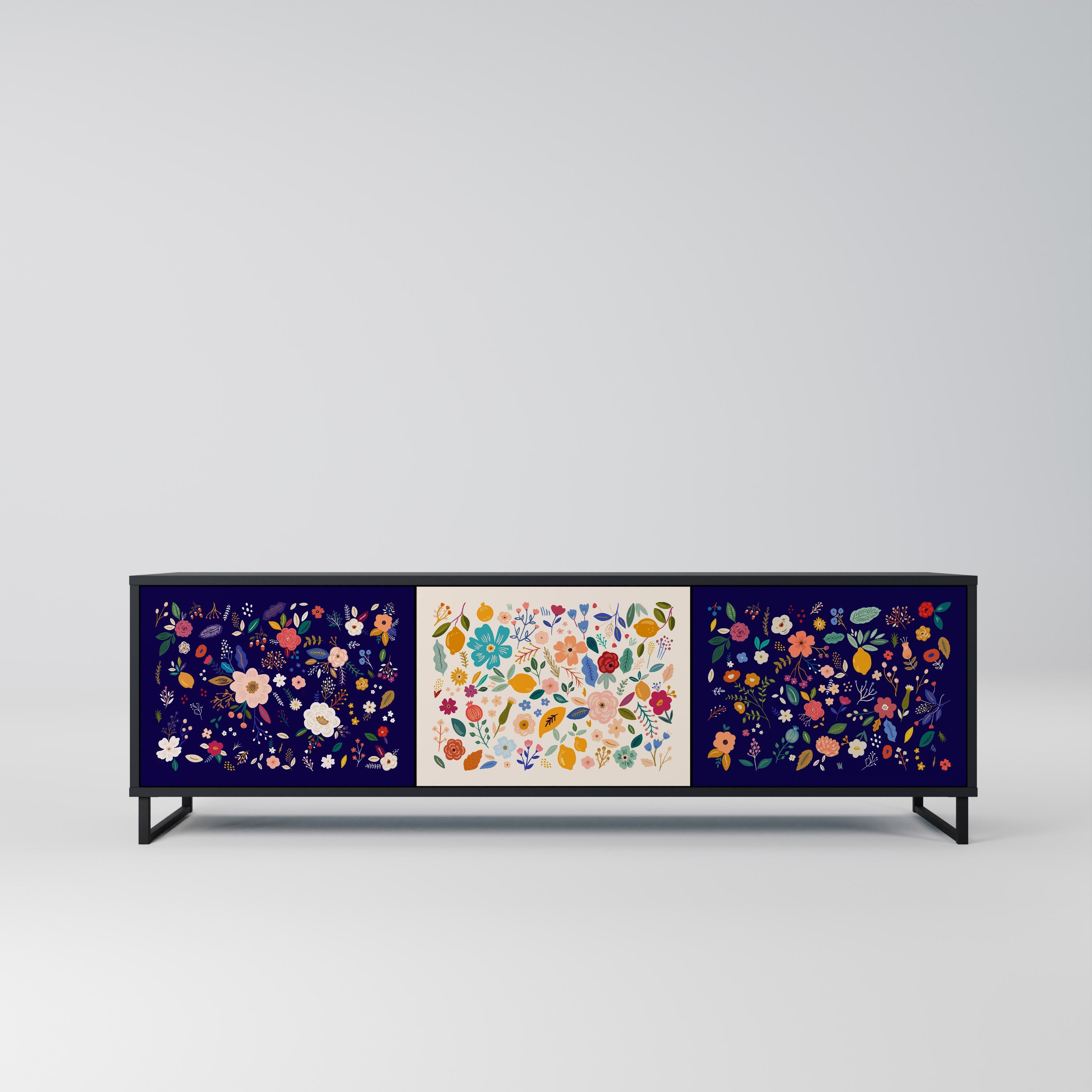 FLORAL COMBINATION 3-Door TV Stand in Black Finish