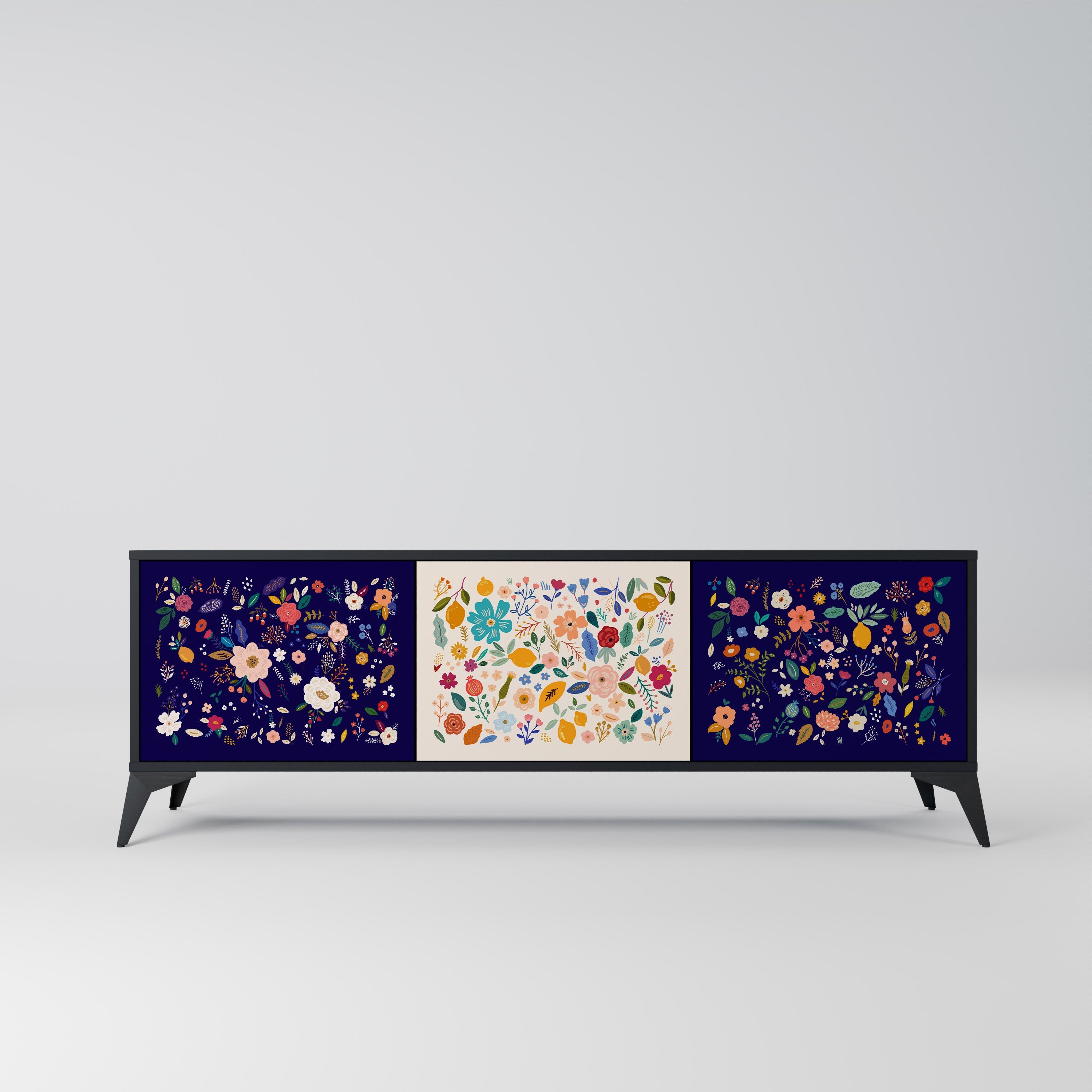 FLORAL COMBINATION 3-Door TV Stand in Black Finish