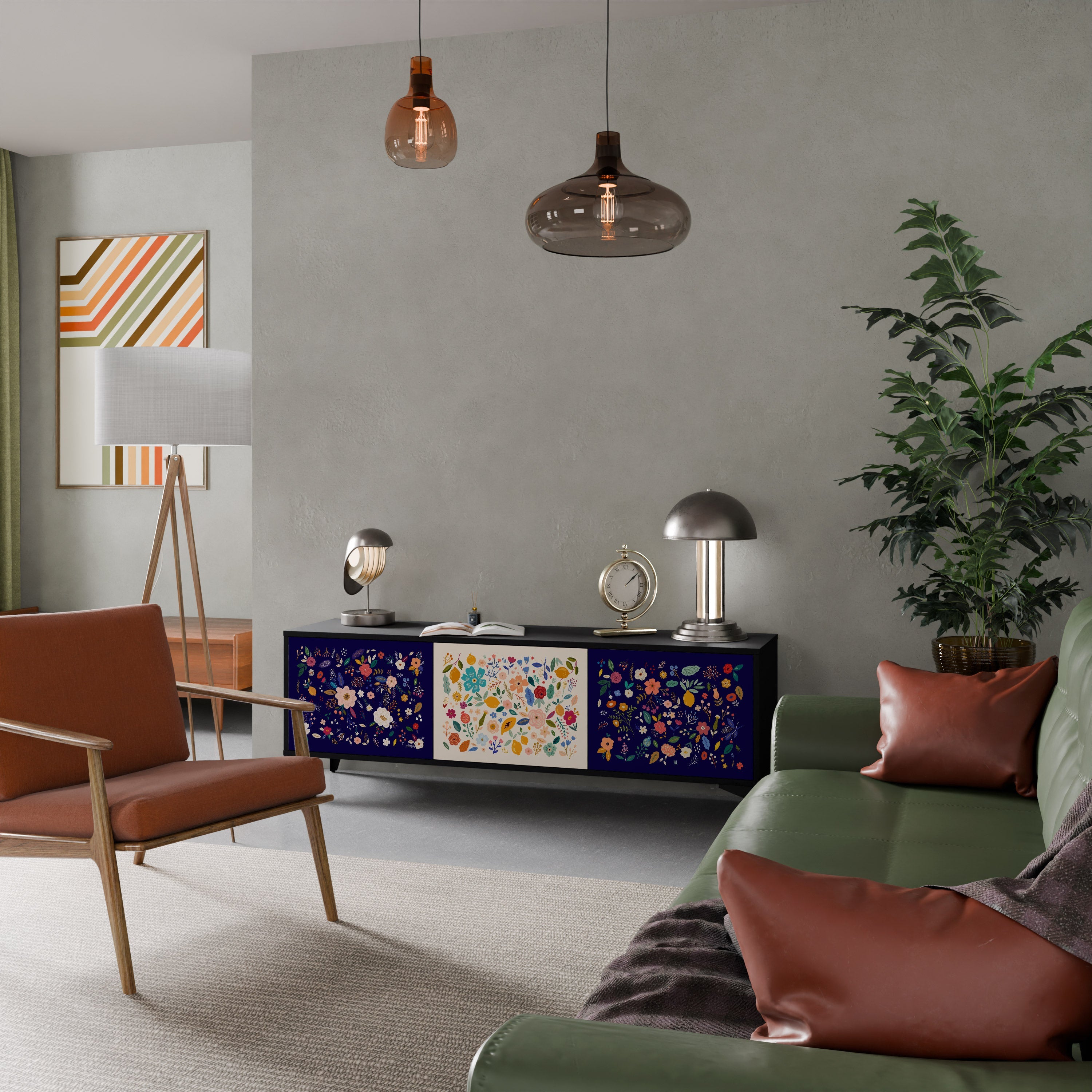 FLORAL COMBINATION 3-Door TV Stand in Black Finish