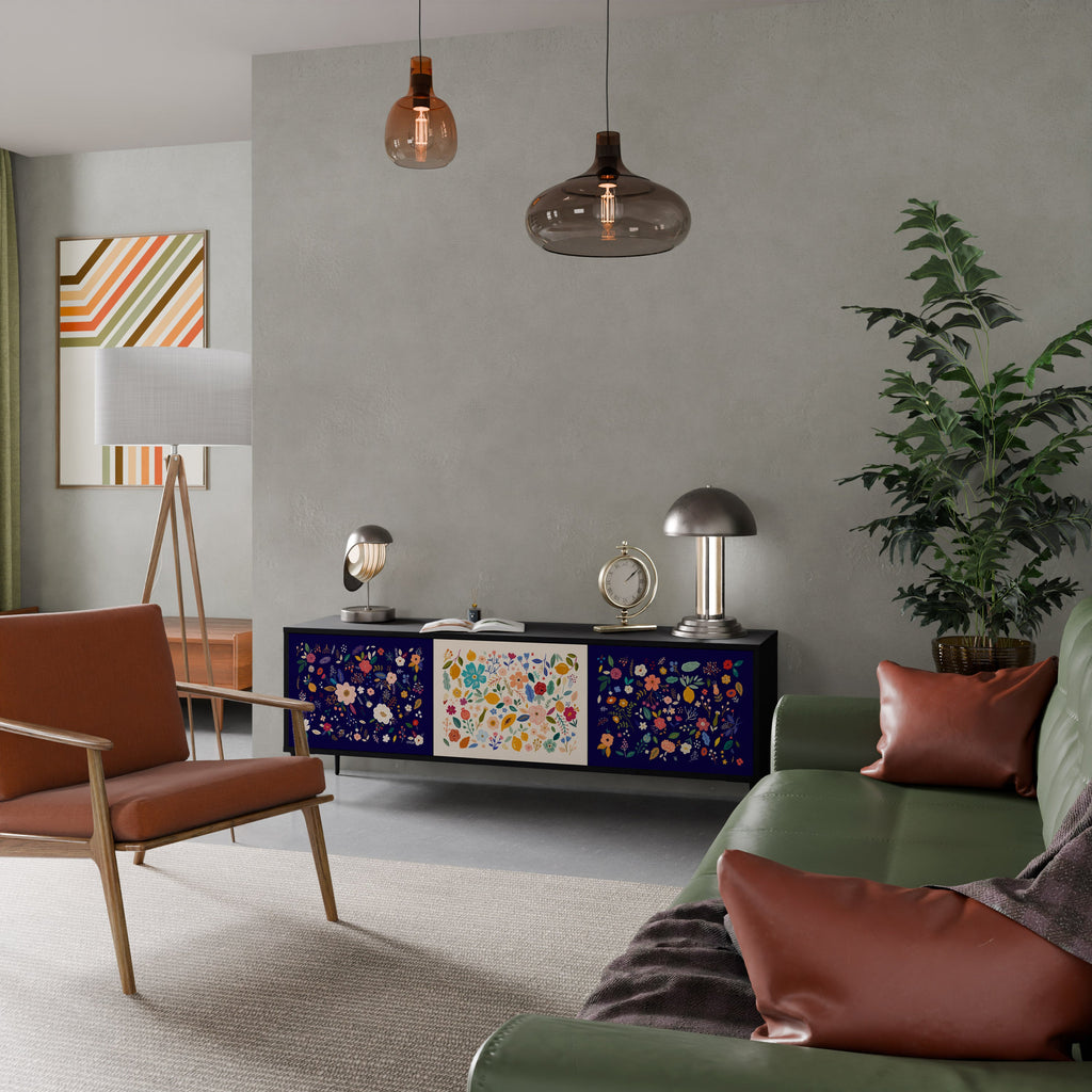 FLORAL COMBINATION 3-Door TV Stand in Black Finish