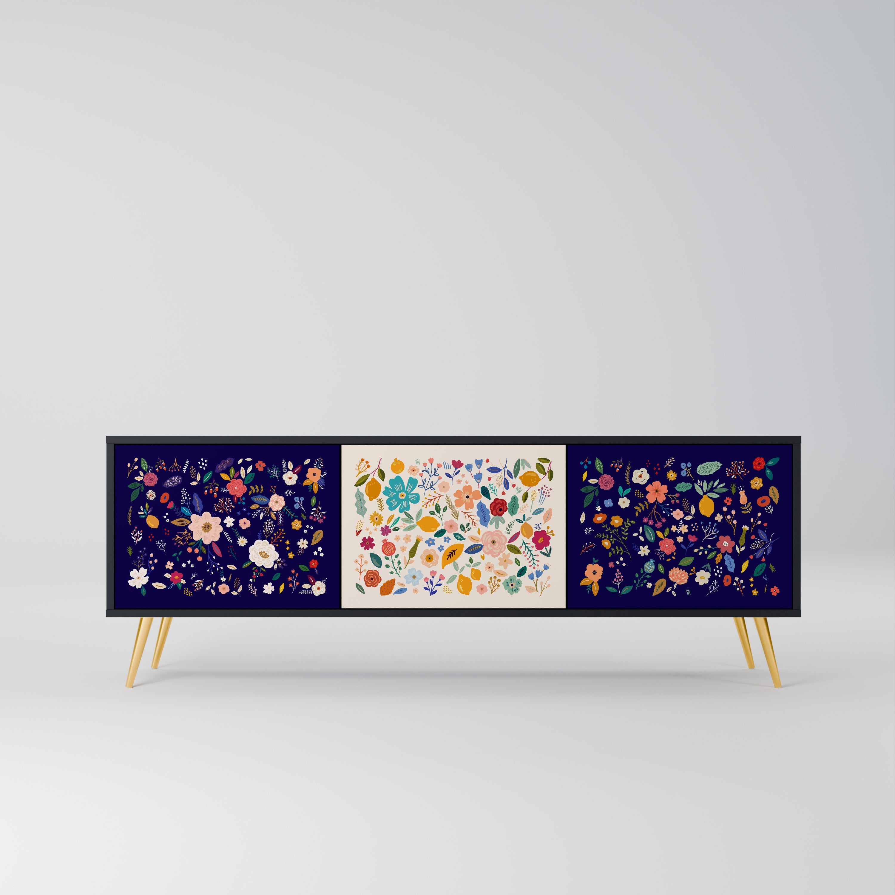 FLORAL COMBINATION 3-Door TV Stand in Black Finish