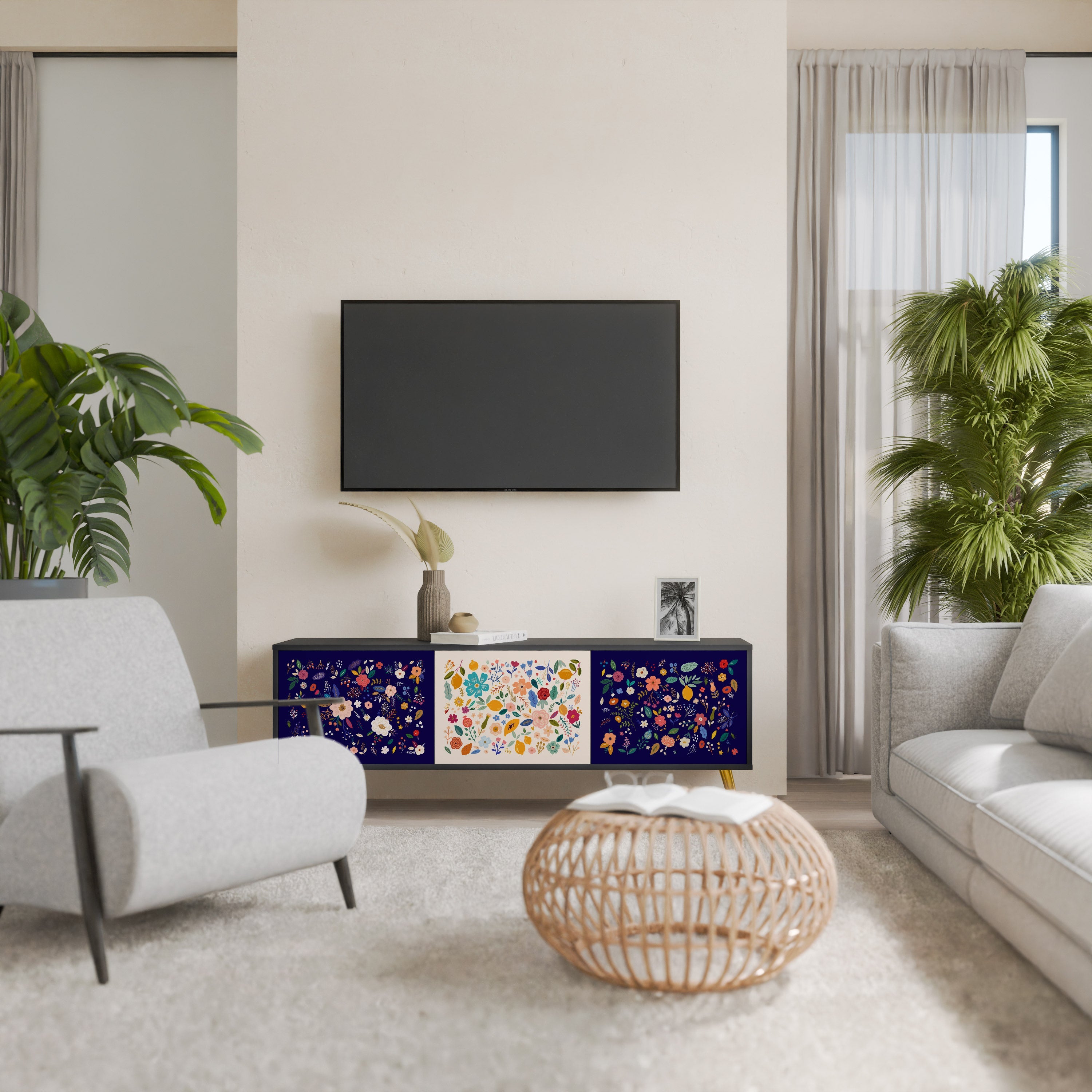 FLORAL COMBINATION 3-Door TV Stand in Black Finish