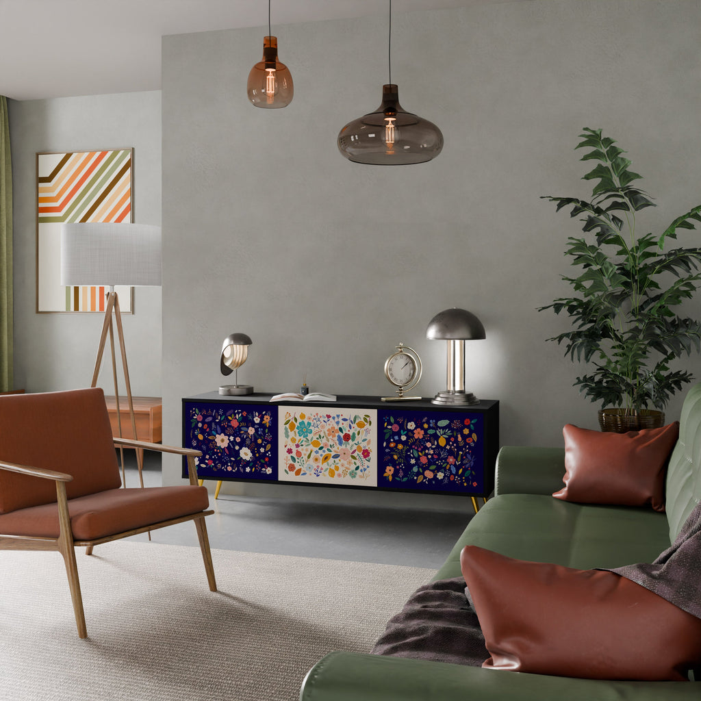 FLORAL COMBINATION 3-Door TV Stand in Black Finish