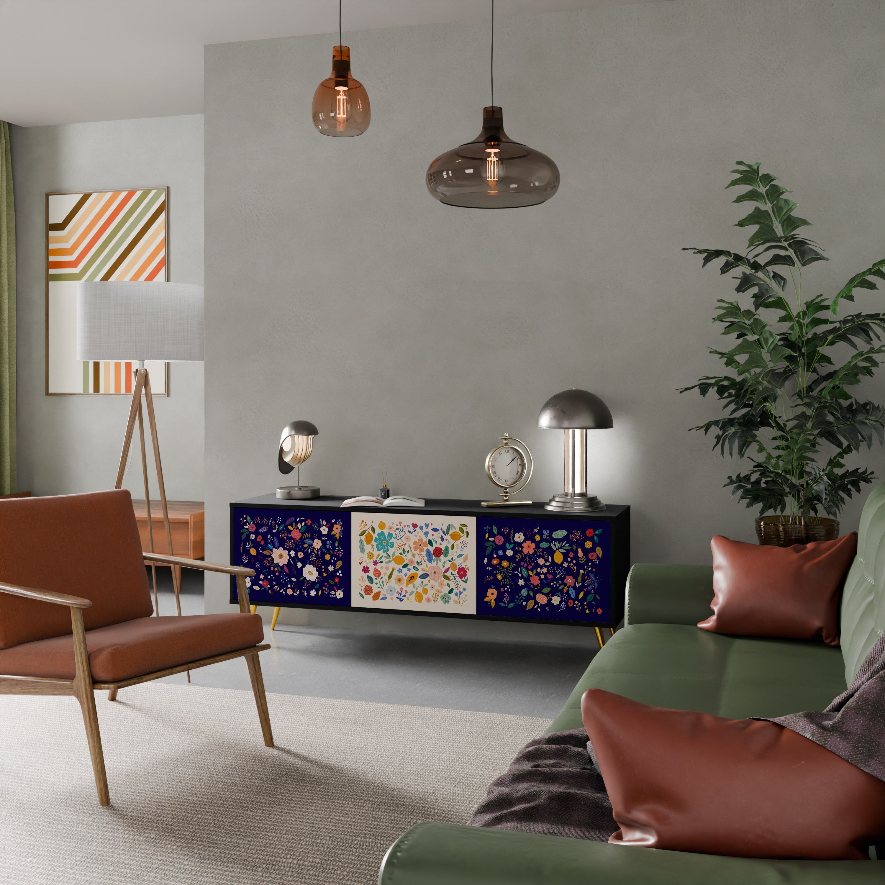 FLORAL COMBINATION 3-Door TV Stand in Black Finish