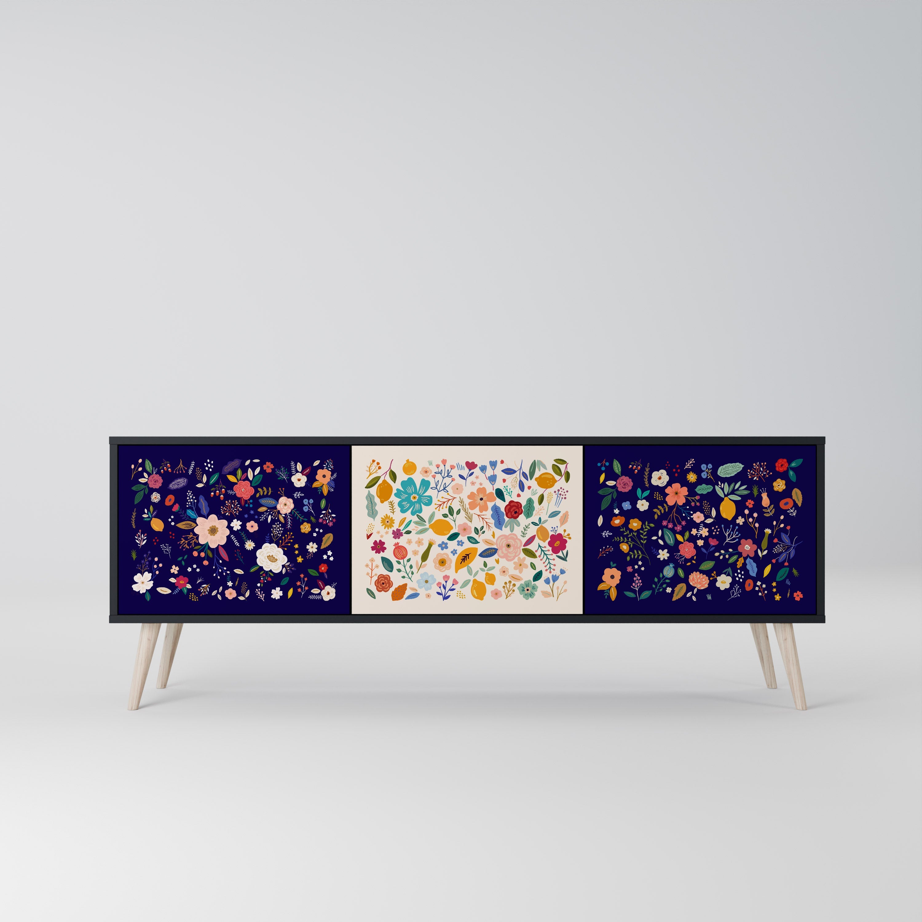 FLORAL COMBINATION 3-Door TV Stand in Black Finish