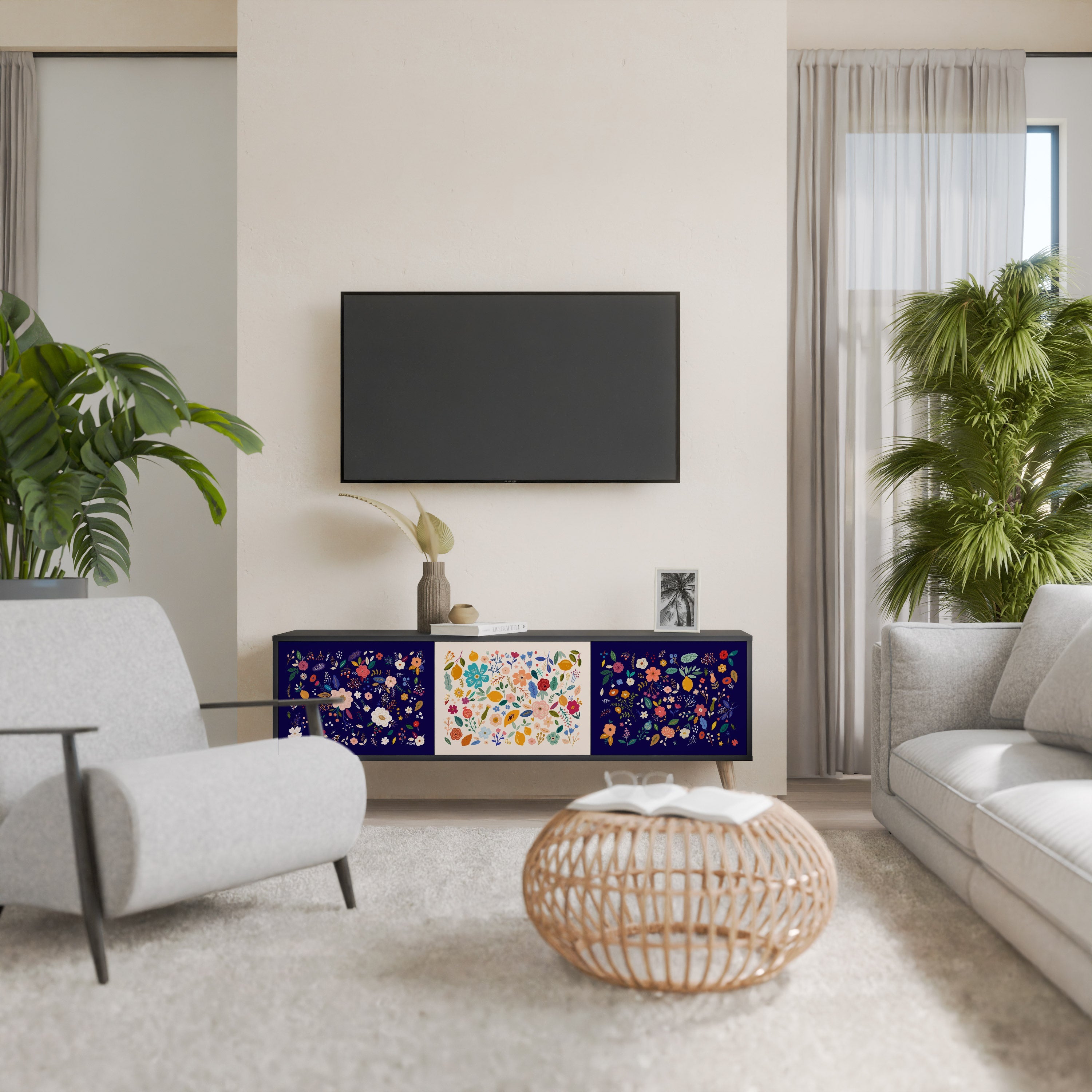 FLORAL COMBINATION 3-Door TV Stand in Black Finish