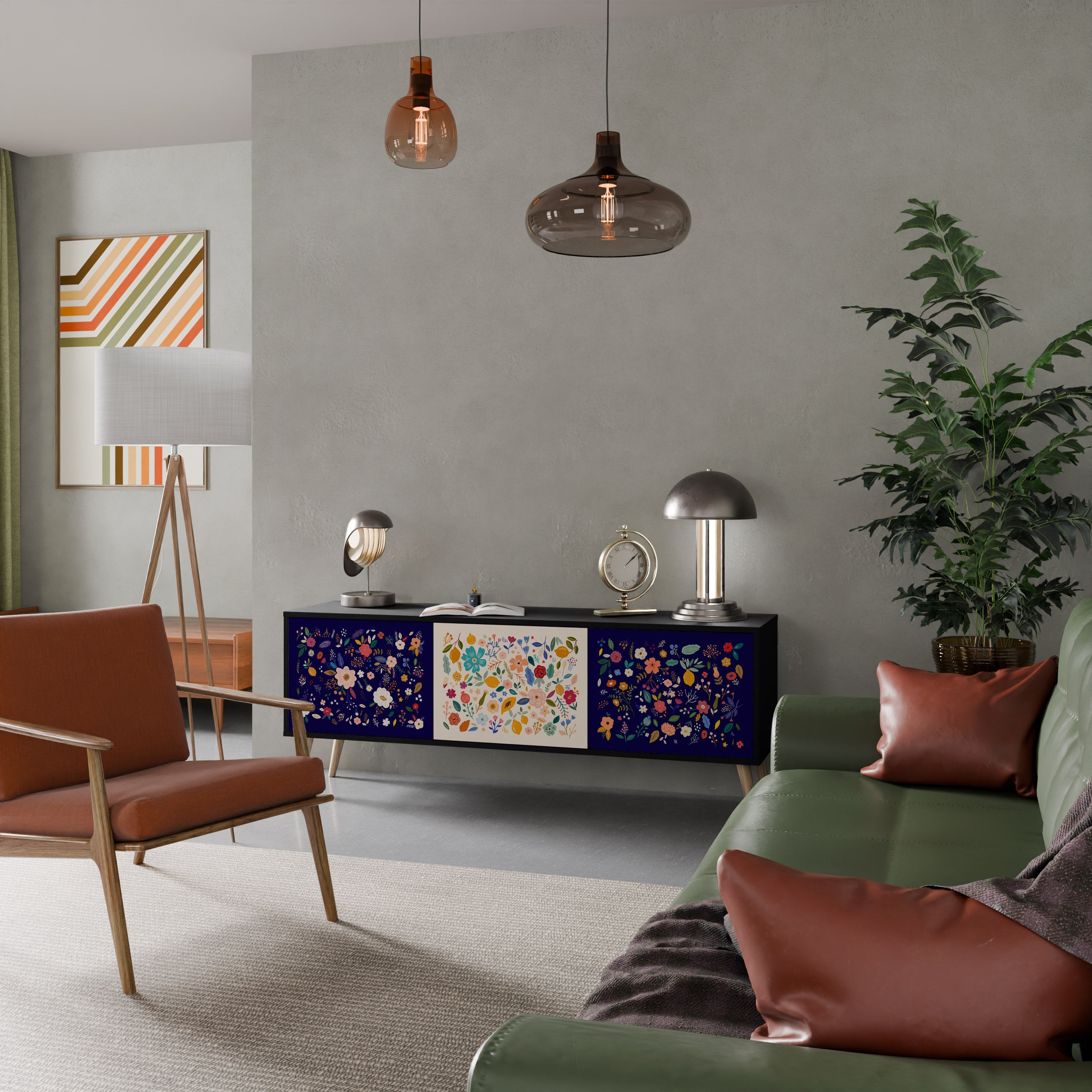 FLORAL COMBINATION 3-Door TV Stand in Black Finish