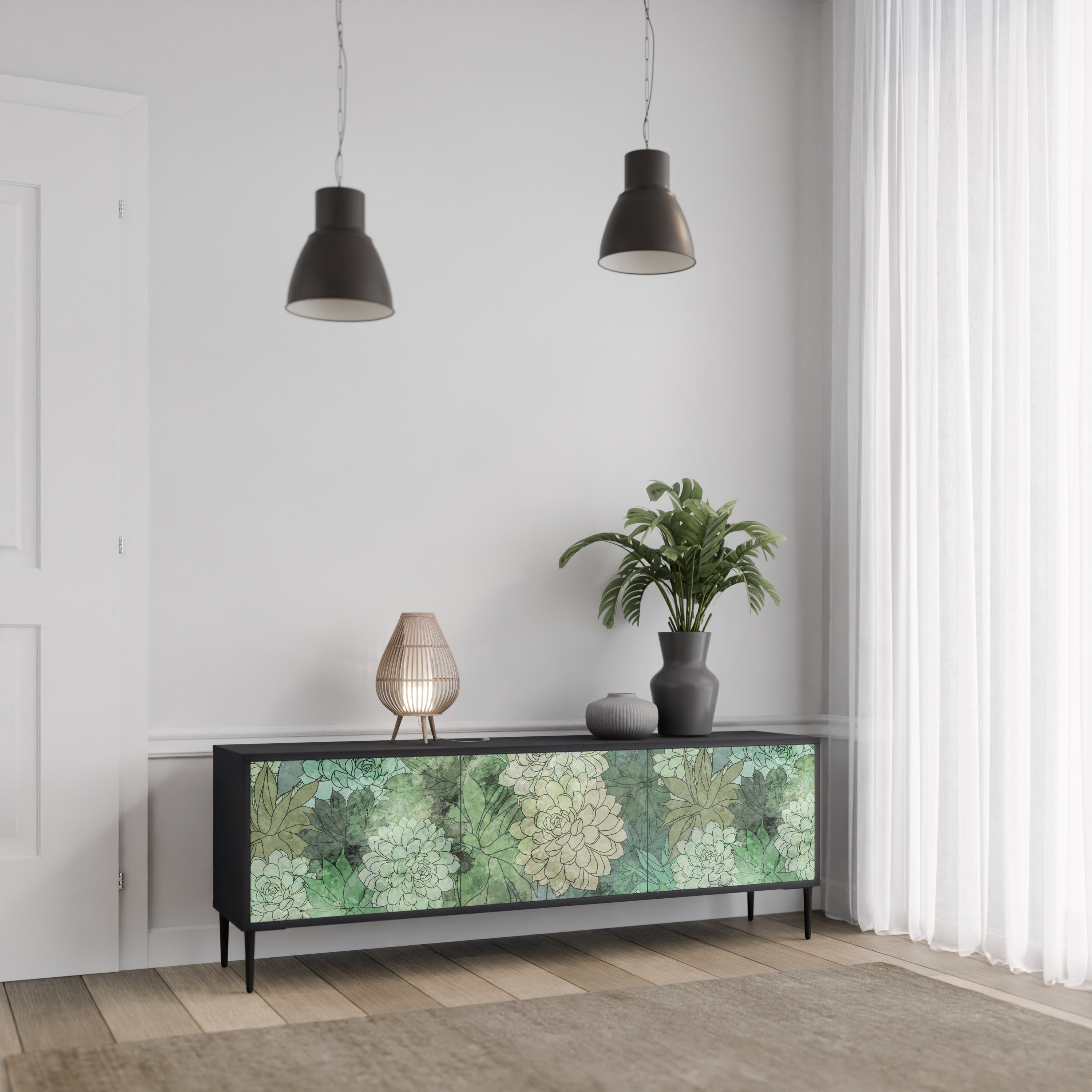 SUCCULENT CLUSTER 3-Door TV Stand in Black Finish