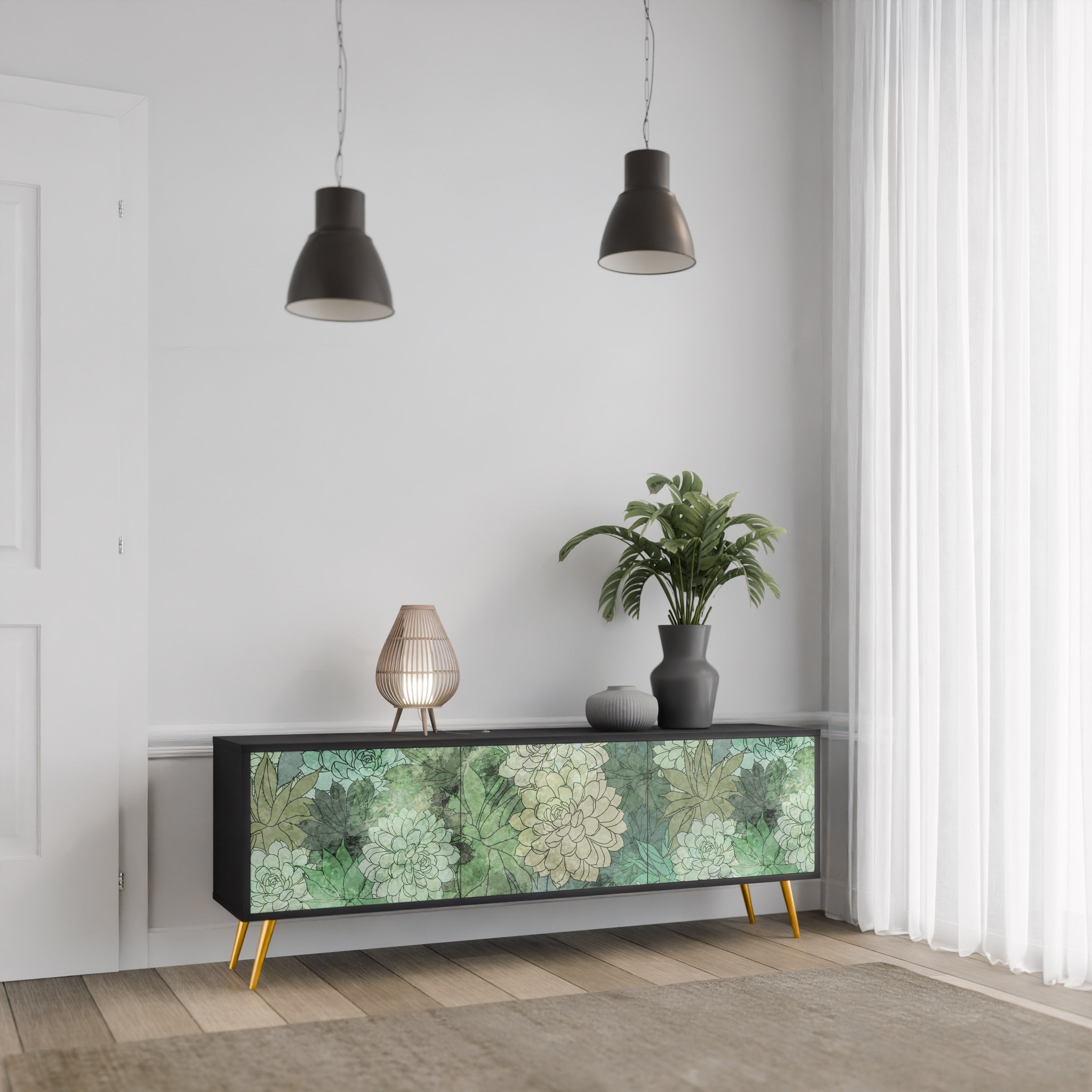 SUCCULENT CLUSTER 3-Door TV Stand in Black Finish