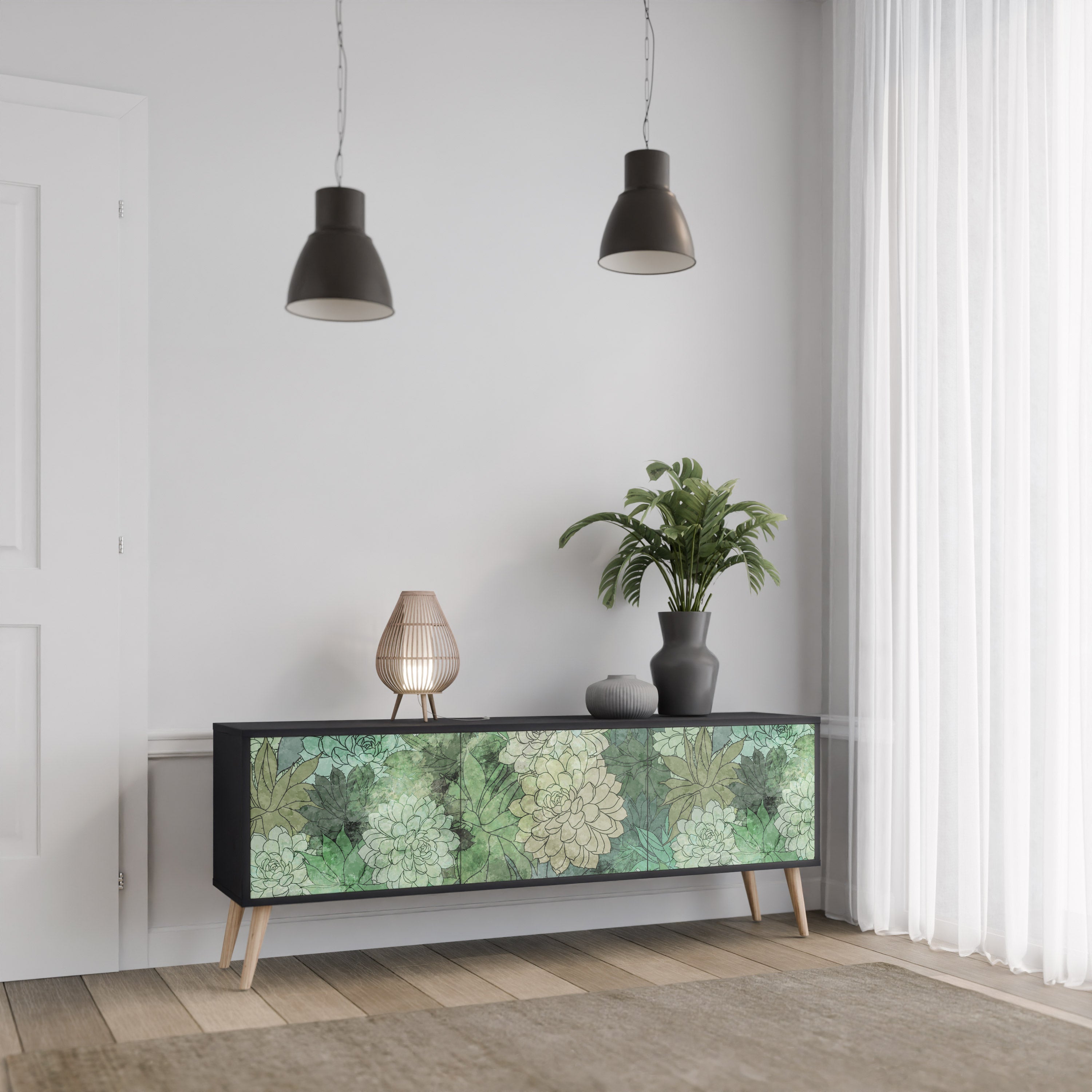 SUCCULENT CLUSTER 3-Door TV Stand in Black Finish